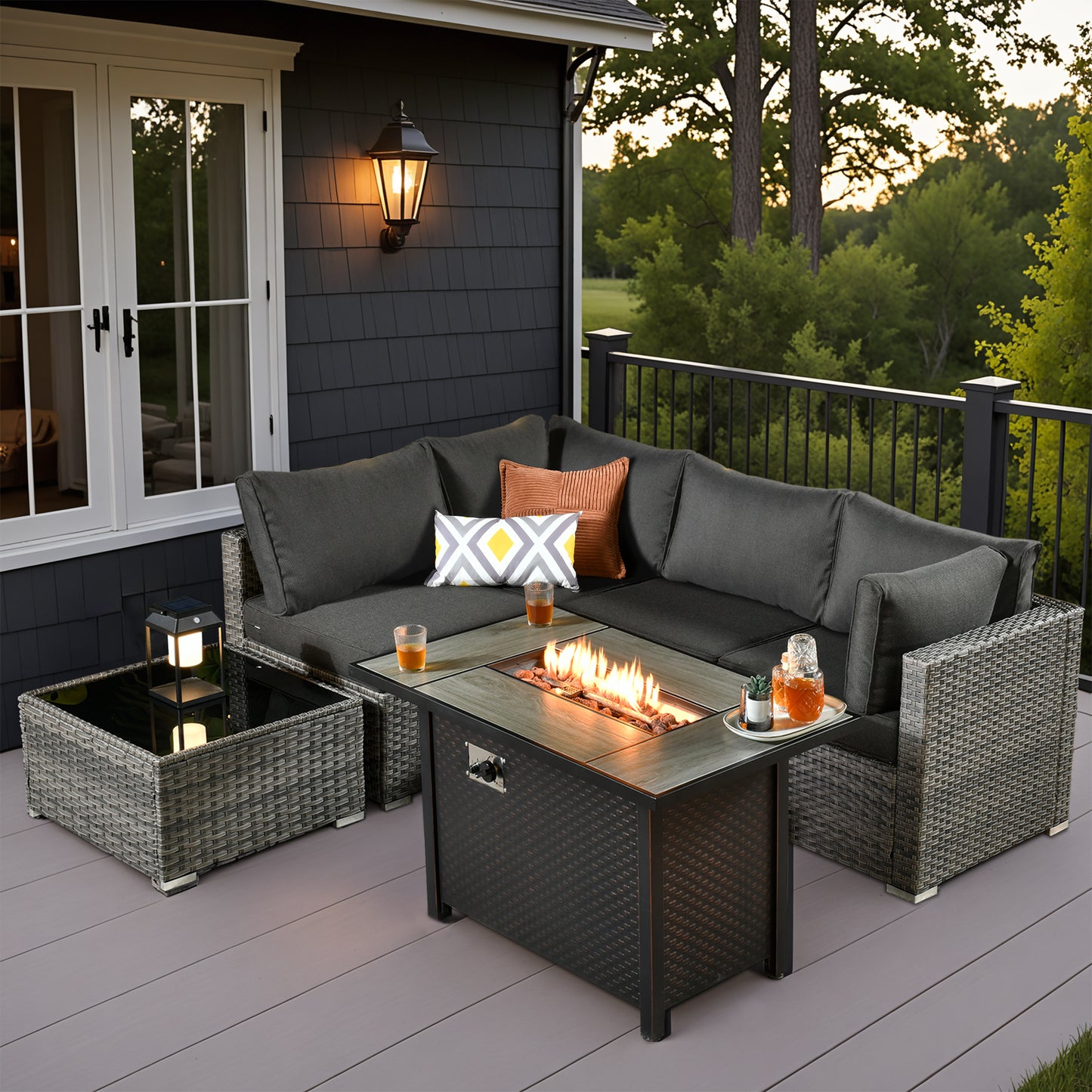 Vcatnet 6 Pieces Outdoor Patio Furniture with Fire Pit, Wicker Outdoor Conversation Set, Outdoor Sectional with Coffee Table