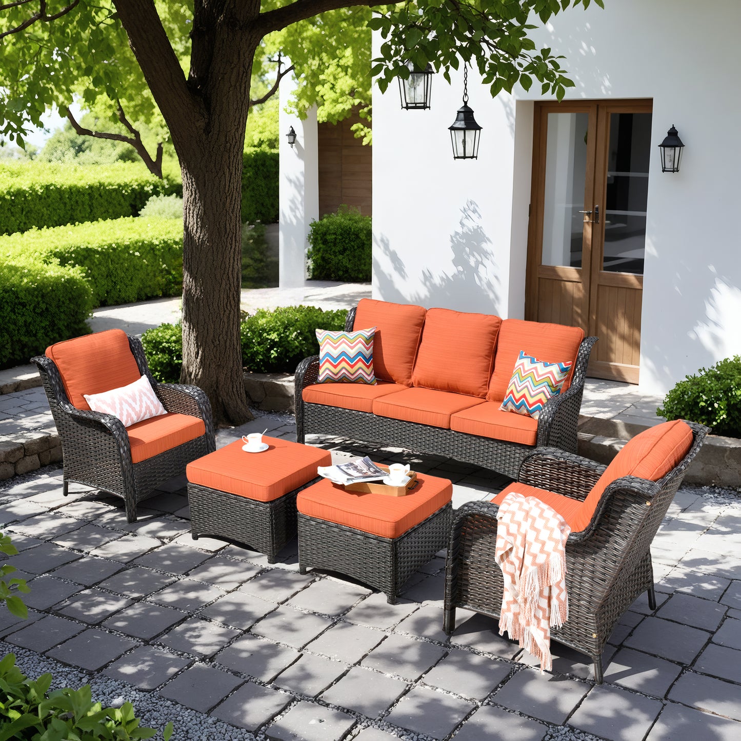 Vcatnet 5 Pieces Outdoor Patio Furniture Set Wicker Sectional Sofa High-Back Conversation Set with Ottoman,