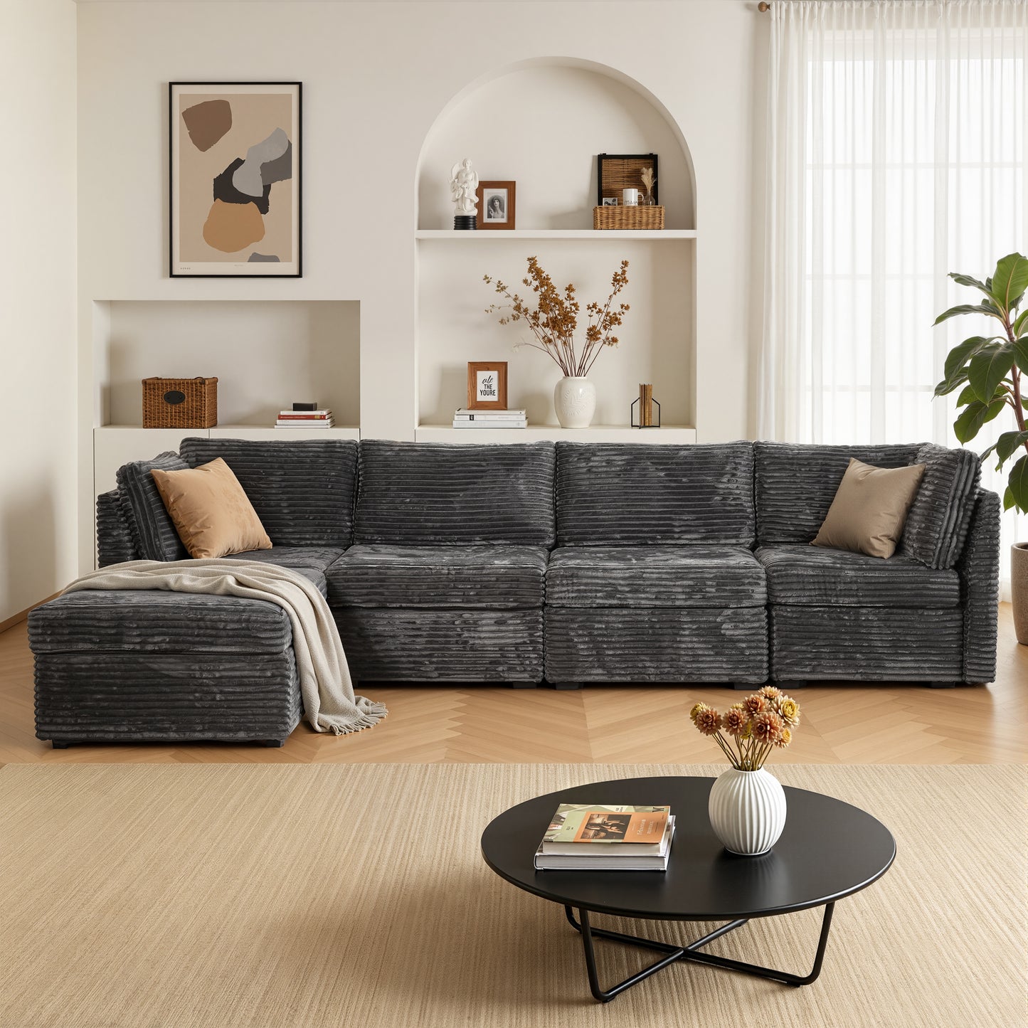 Vcatnet 130.7" Modular Sectional Sofa Couch Corduroy L Shaped Oversized Modern Minimalist Couch with Deep Seat and Ottoman for Living Room