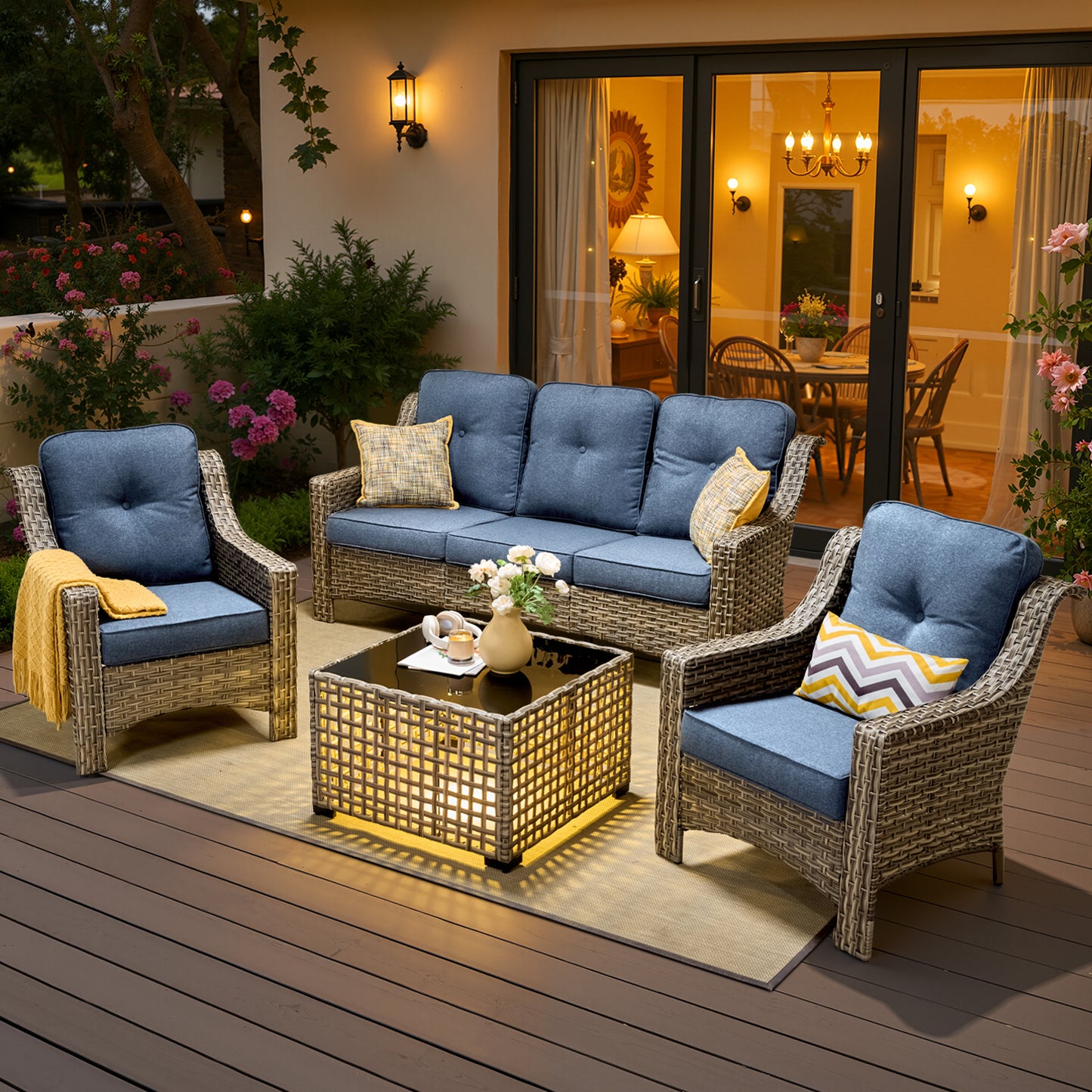 Vcatnet 4 Pieces Patio Outdoor Conversation Set High Back Wicker Rattan Furniture Outdoor Sectionals with Coffee Table