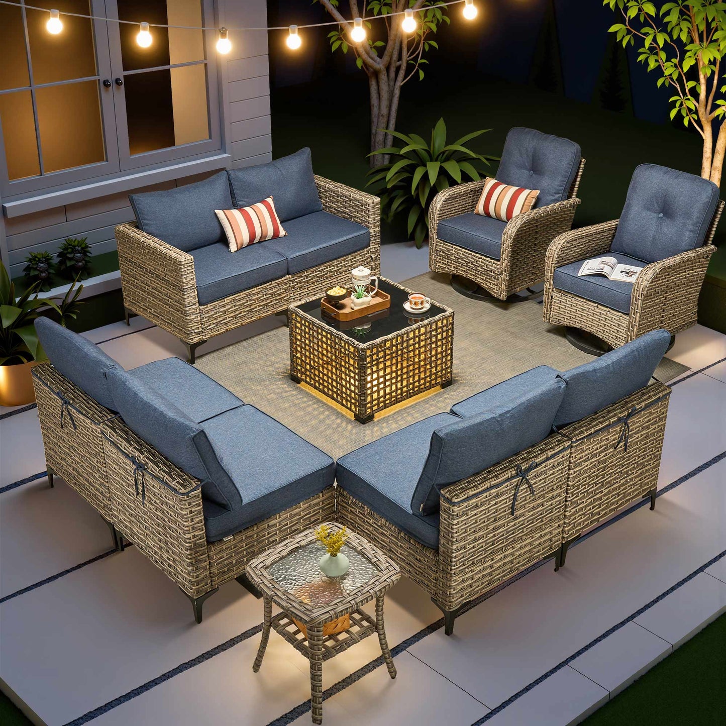 Vcatnet Outdoor Patio Furniture Sets 8 Pieces Sectional Sofa Wicker Conversation Set with Swivel Glider Chairs and Solar Powered Coffee Table for Porch,Backyard