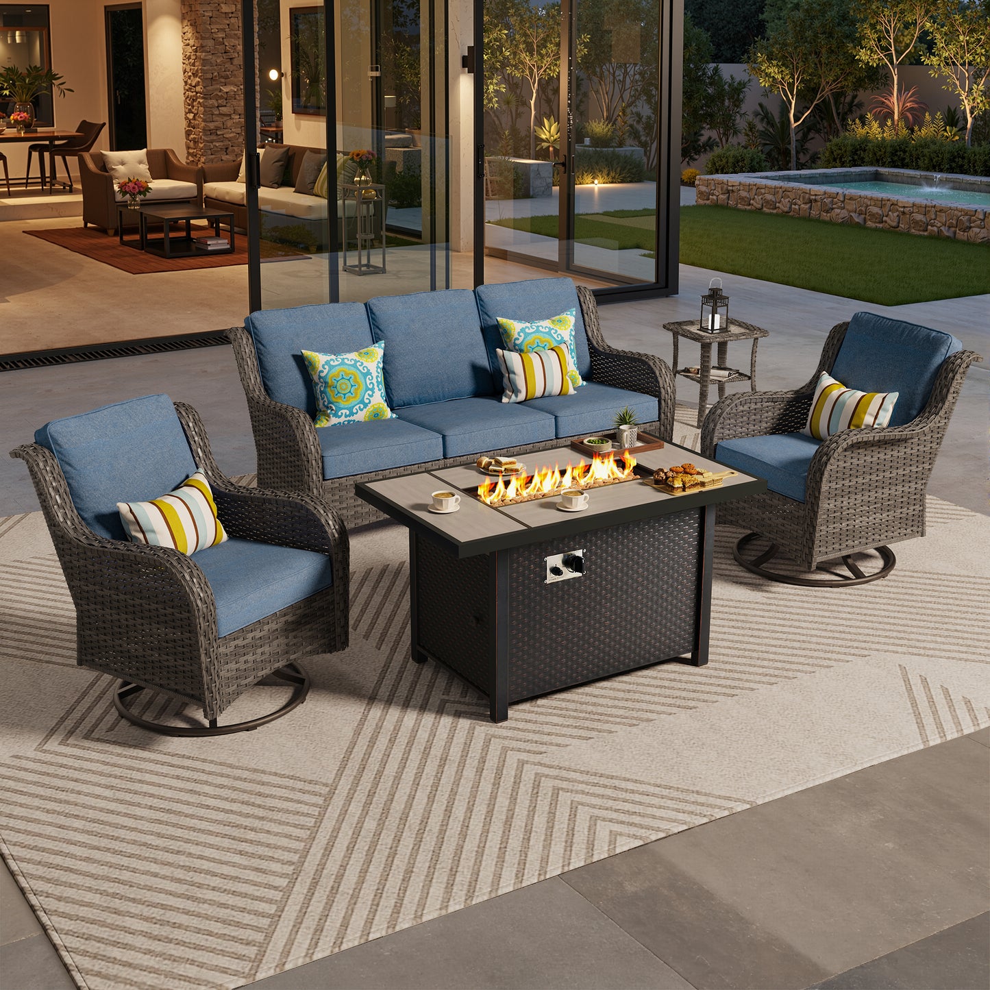 Vcatnet 6 Pieces Outdoor Patio Furniture Wicker High-Back Conversation Set with Swivel Rocking Chairs and Ottoman