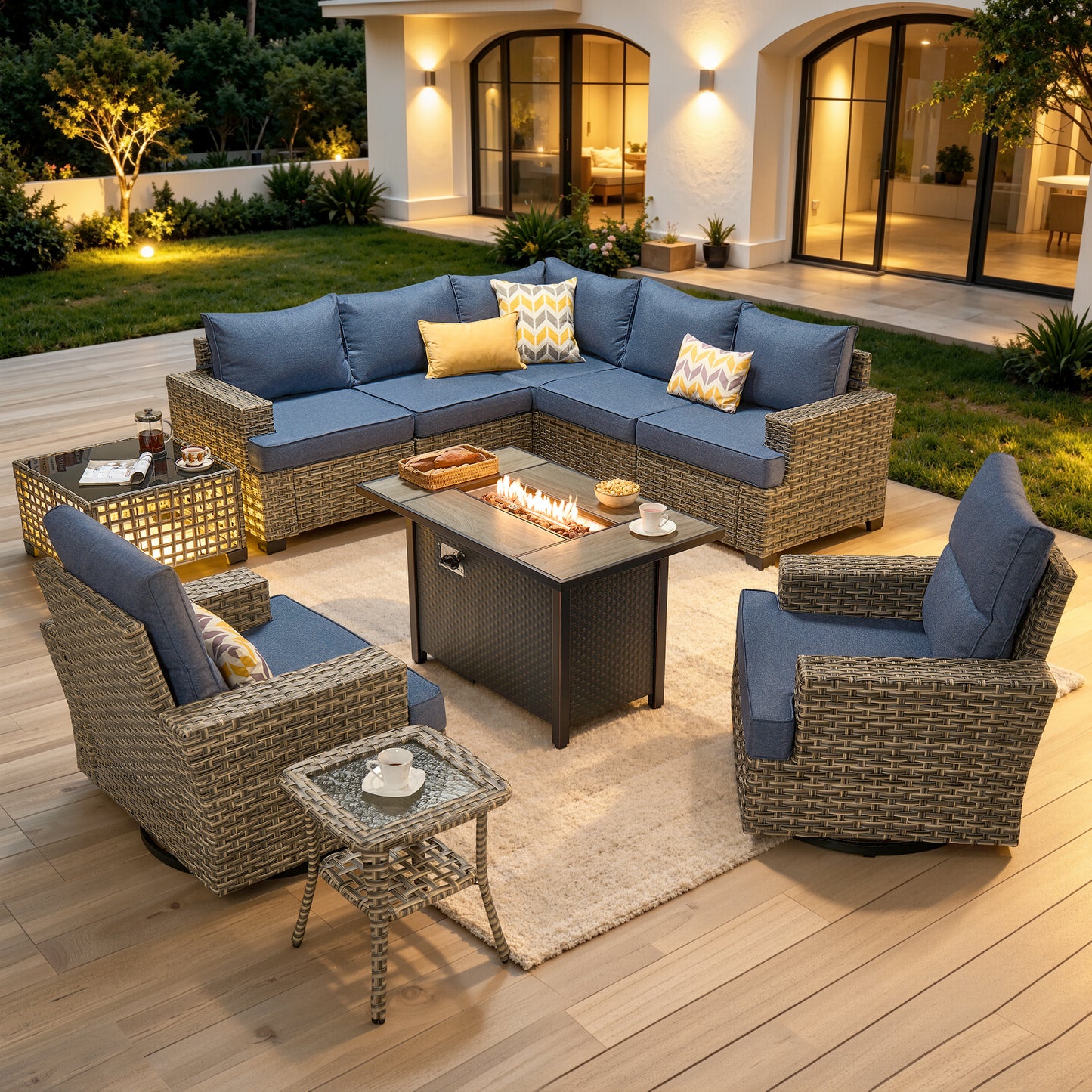 Vcatnet 9 Pieces Outdoor Patio Furniture with 54" Fire Pit Wicker Sectional Sofa All-Weather Outdoor Conversation Set with Swivel Glider Chairs and Ottoman