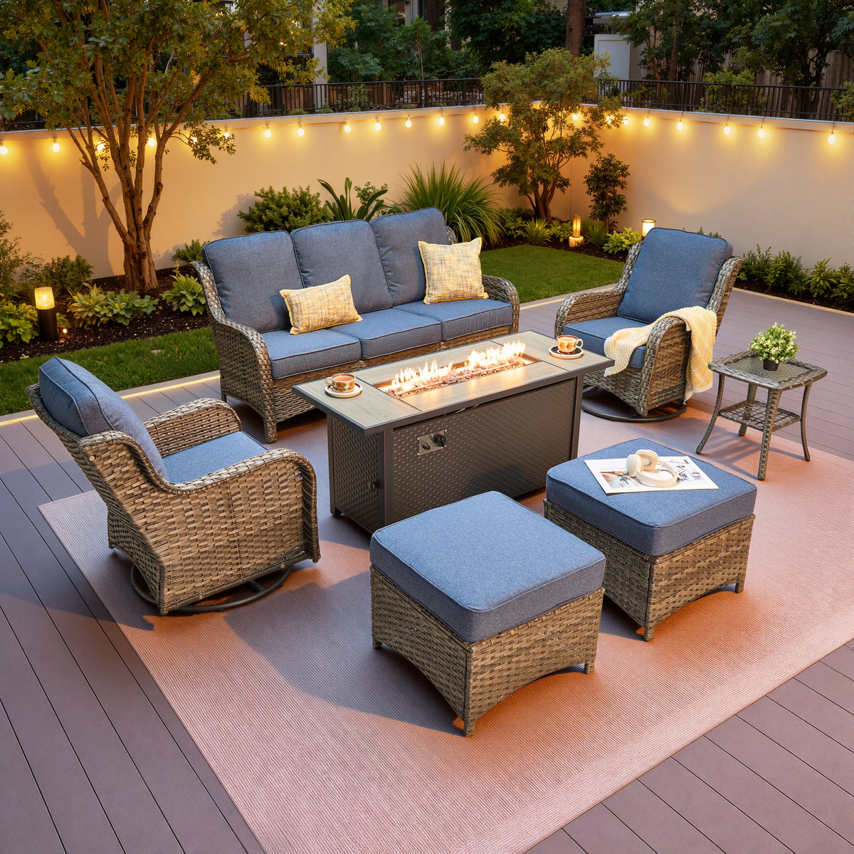 Vcatnet 5 Pieces Outdoor Patio Furniture with Fire Pit Wicker Sectional Sofa High-Back Conversation Set with Swivel Chairs