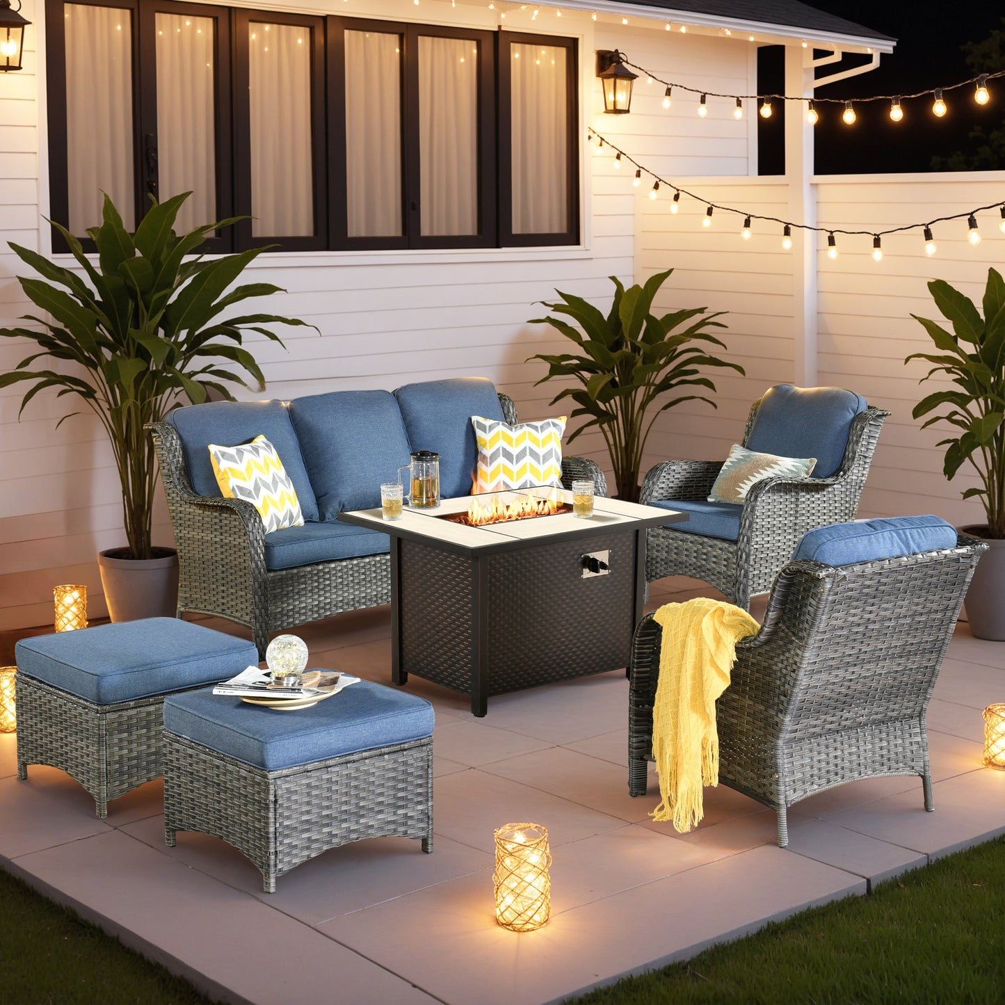 Vcatnet 6 Pieces Outdoor Patio Furniture Wicker High-Back Conversation Set with Swivel Rocking Chairs and Ottoman