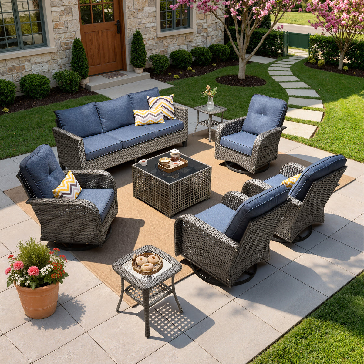 Vcatnet Outdoor Patio Furniture Set 8 Pieces Wicker Sectional Sofa All-Weather Rattan Conversation Set with Swivel Chairs and Coffee Table