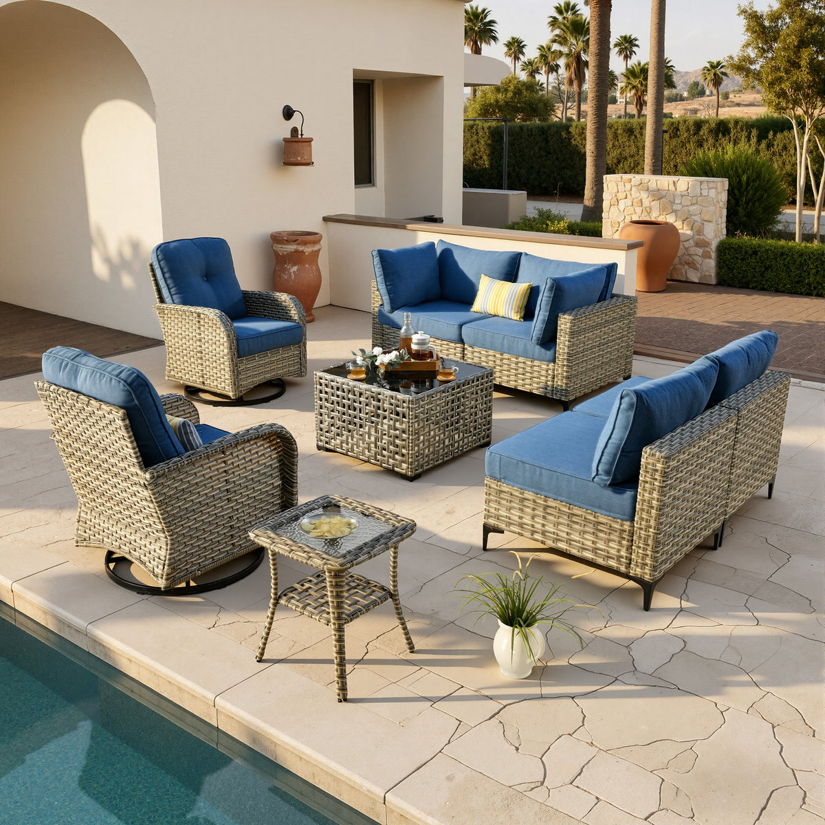 Vcatnet Outdoor Patio Furniture Sets 8 Pieces Sectional Sofa Wicker Conversation Set with Swivel Glider Chairs and Solar Powered Coffee Table for Porch,Backyard
