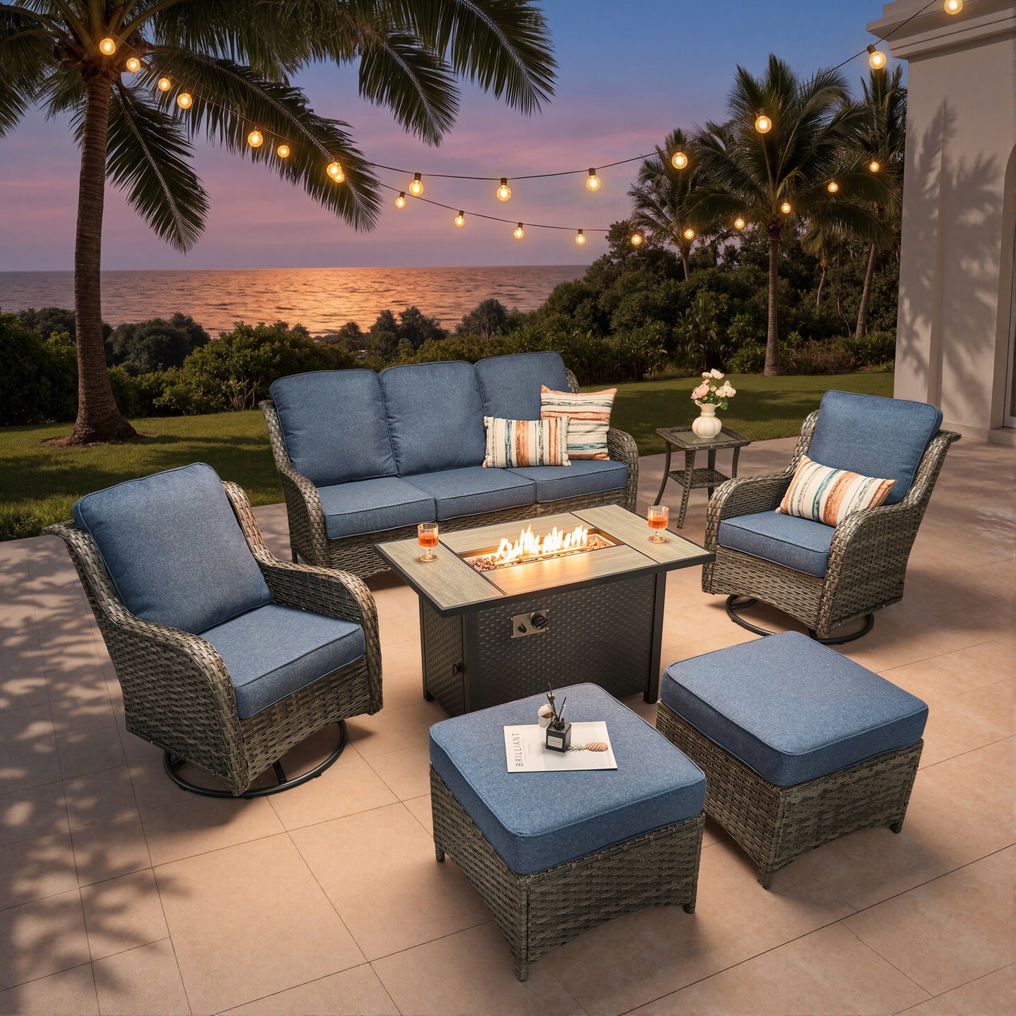Vcatnet 5 Pieces Outdoor Patio Furniture with Fire Pit Wicker Sectional Sofa High-Back Conversation Set with Swivel Chairs
