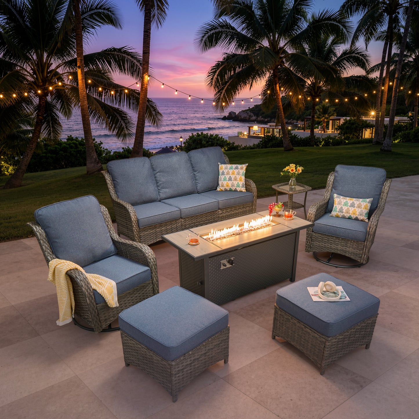 Vcatnet 5 Pieces Outdoor Patio Furniture with Fire Pit Wicker Sectional Sofa High-Back Conversation Set with Swivel Chairs