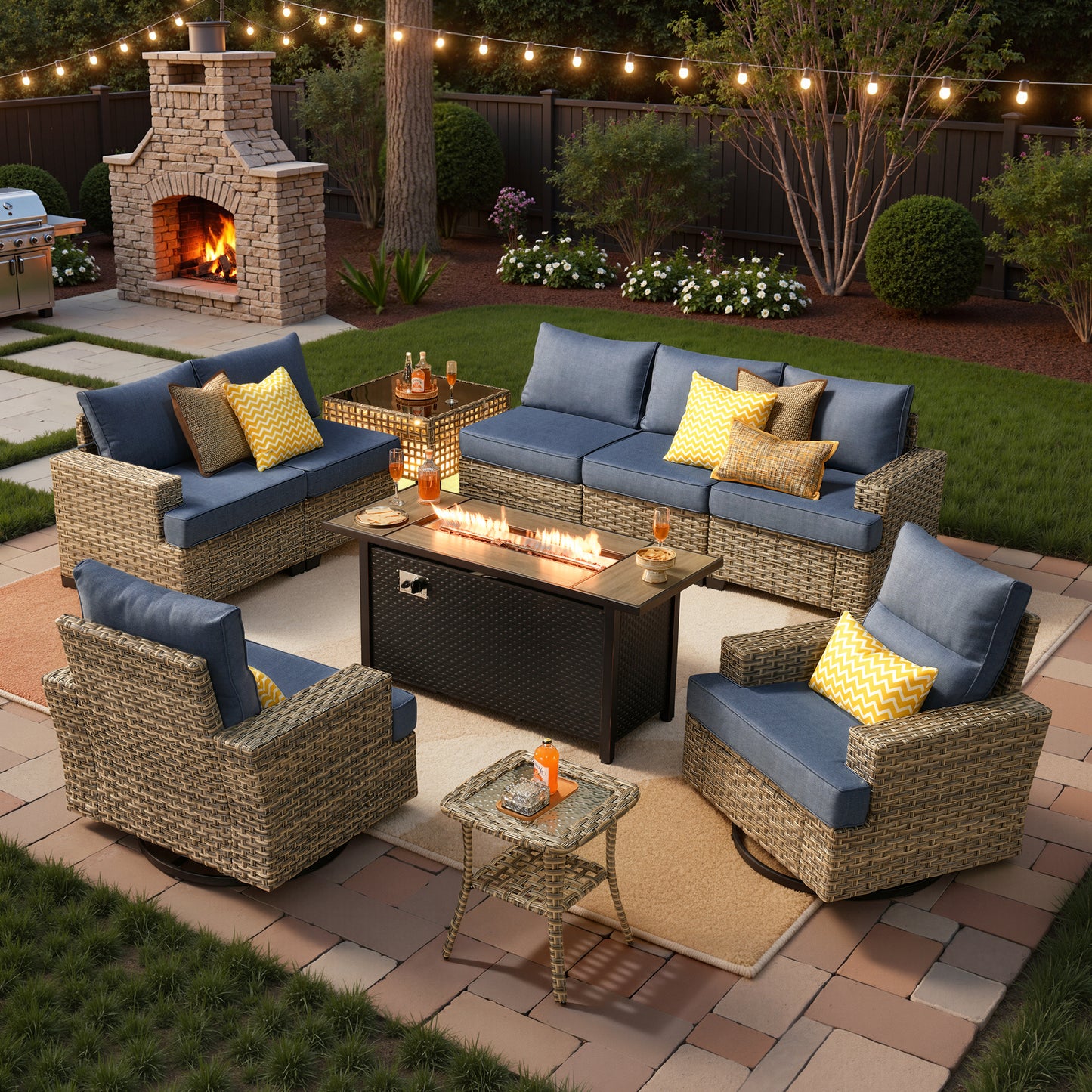 Vcatnet 9 Pieces Outdoor Patio Furniture with 54" Fire Pit Wicker Sectional Sofa All-Weather Outdoor Conversation Set with Swivel Glider Chairs and Ottoman