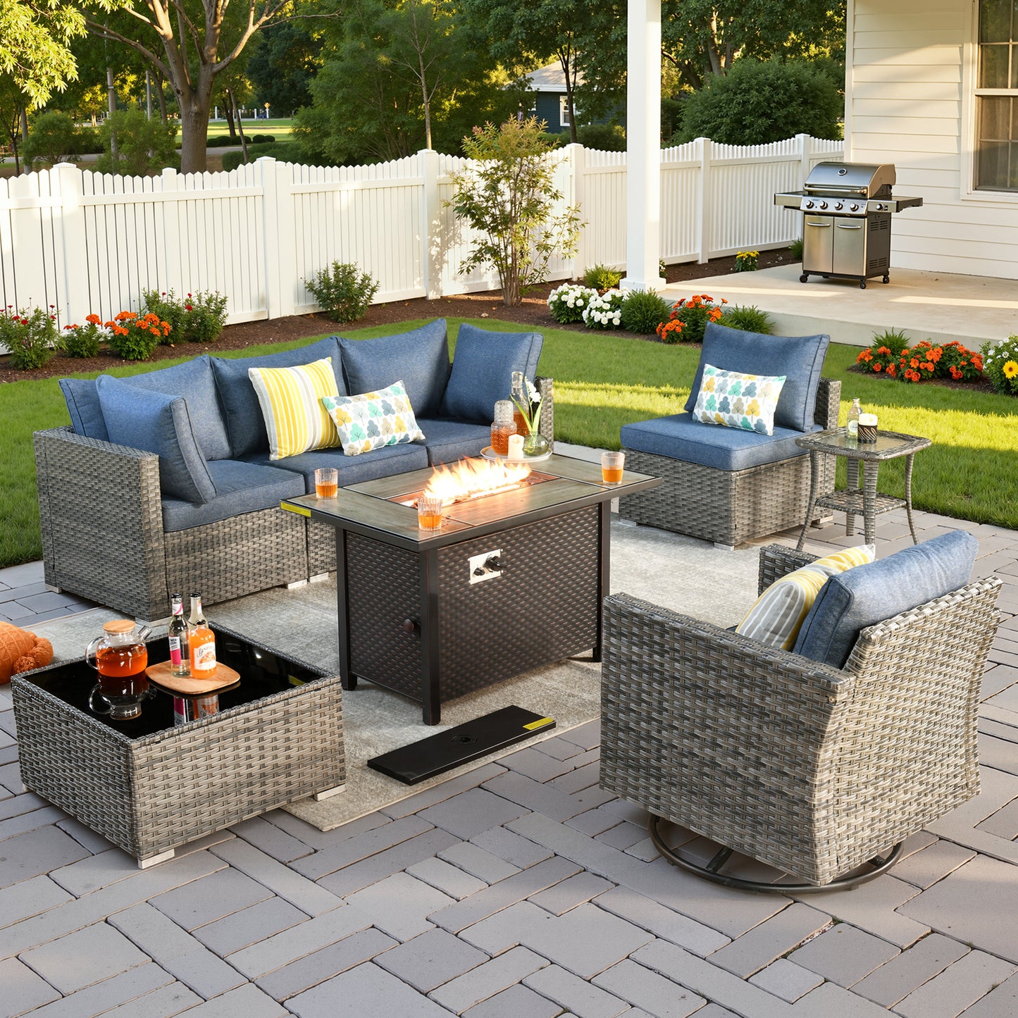 Vcatnet 6 Pieces Outdoor Patio Furniture with Fire Pit, Wicker Outdoor Conversation Set, Outdoor Sectional with Coffee Table