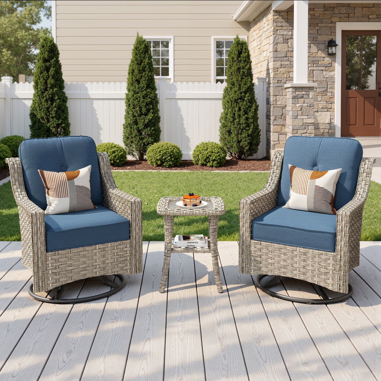 Vcatnet 3 Pieces Outdoor Patio Furniture Wicker Outdoor Swivel Rocking Chairs Set of 2 with Side Table, Swivel Rocker Patio Chairs Set for Porch, Backyard