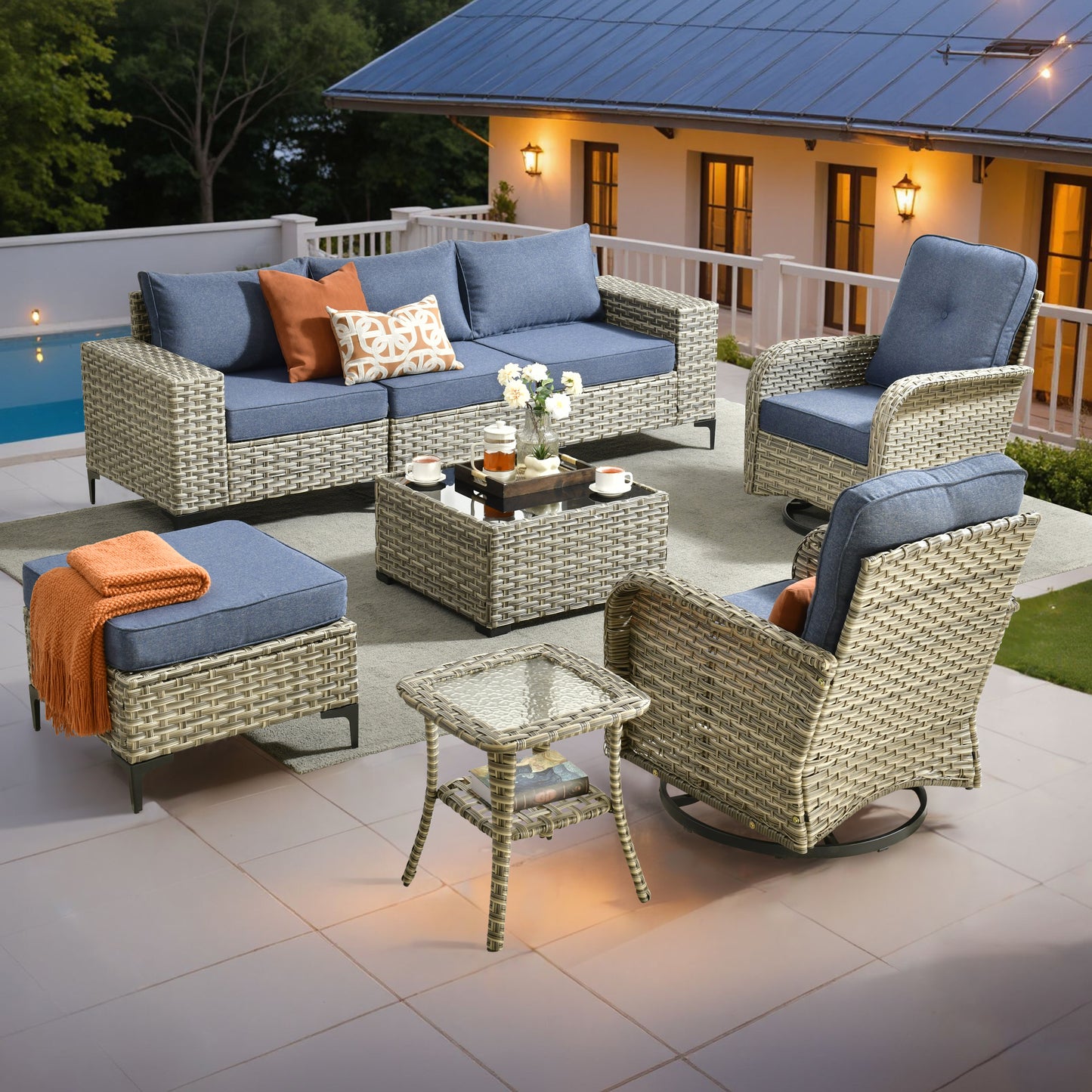 Vcatnet Outdoor Patio Furniture 5 Pieces Wicker Conversation Set Sectional Sofa with Coffee Table and Ottoman