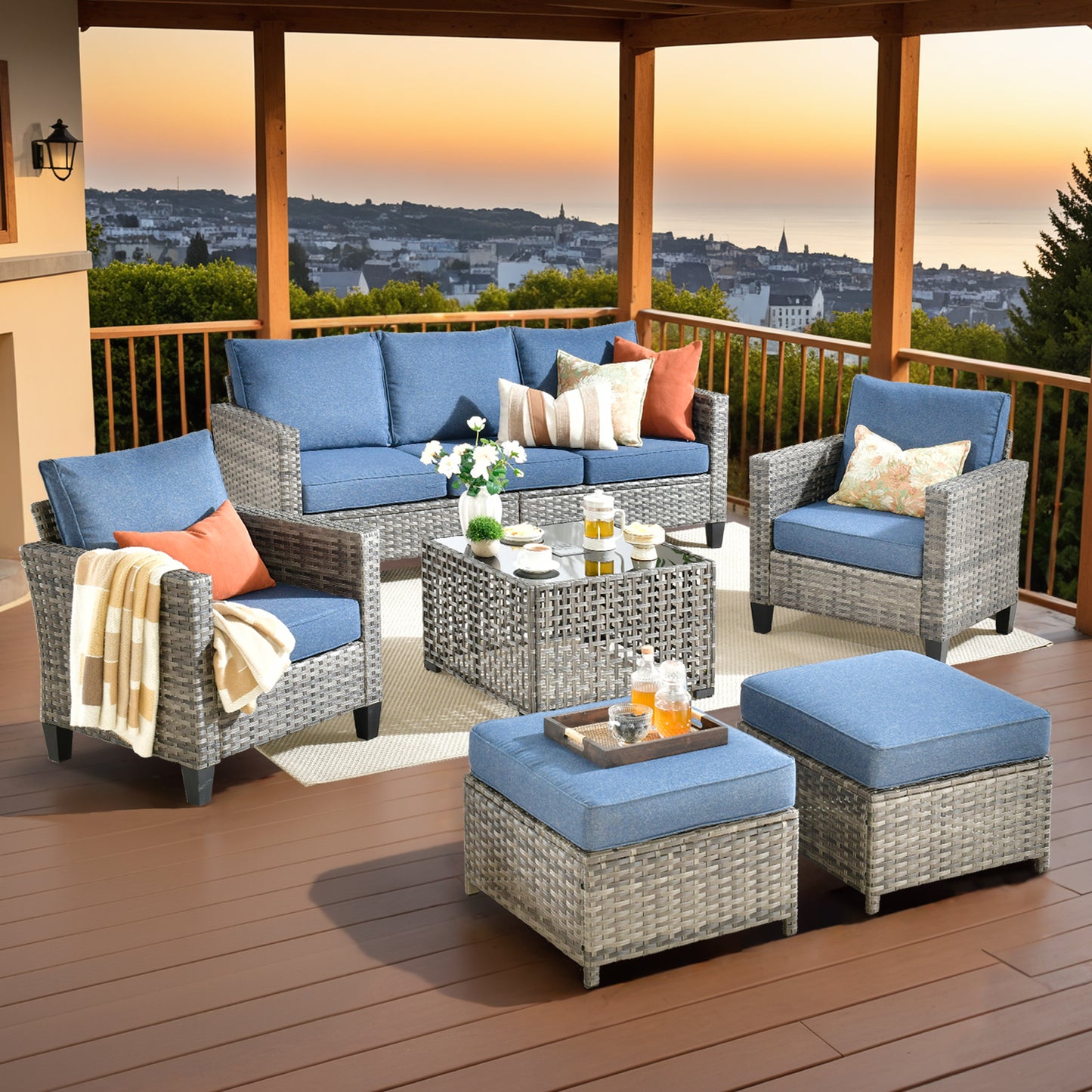 Vcatnet Patio Conversation Set, 5 Pieces Outdoor Sectional Sofa, All Weather Wicker Patio Furniture with Swivel Rocking Chairs and Coffee Table