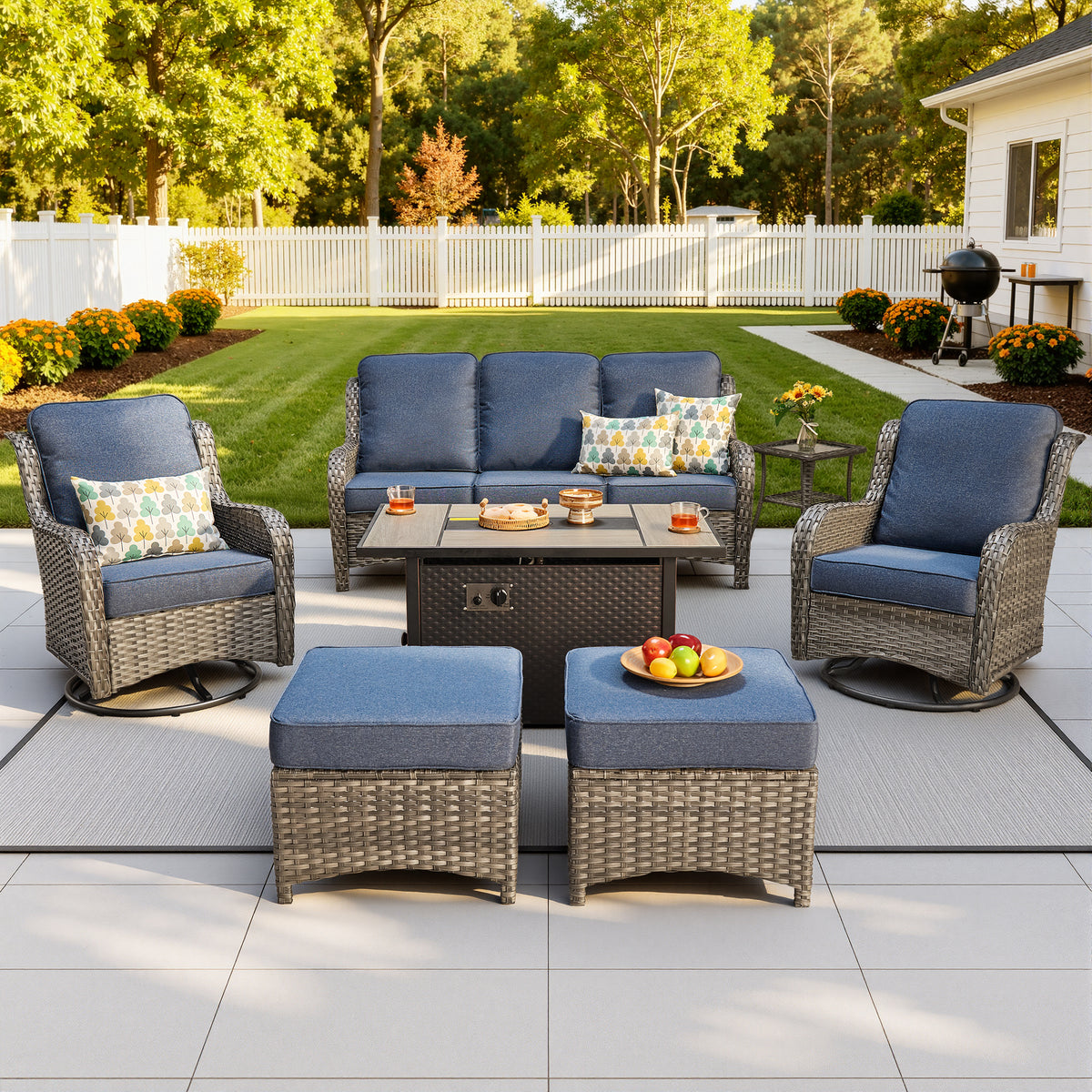 Vcatnet 5 Pieces Outdoor Patio Furniture with Fire Pit Wicker Sectional Sofa High-Back Conversation Set with Swivel Chairs