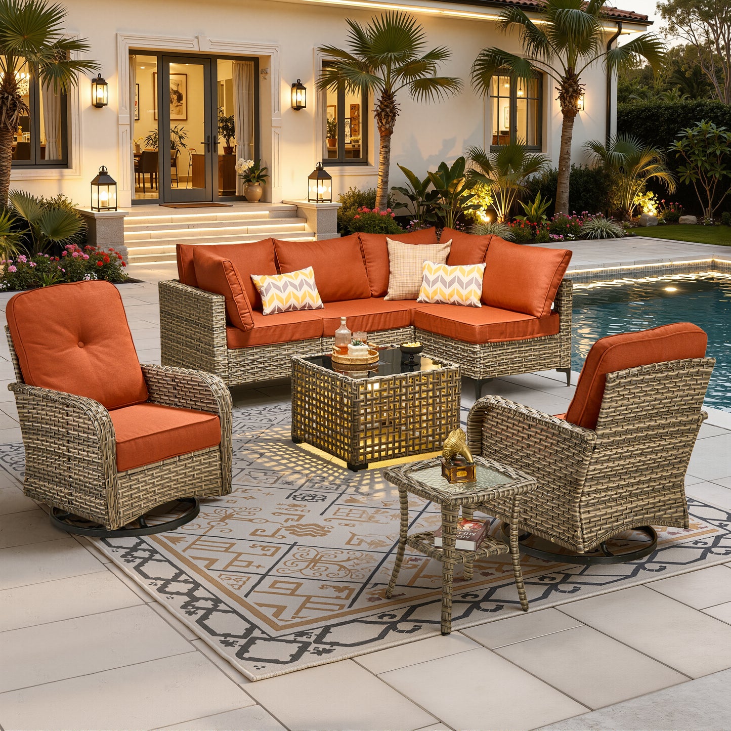 Vcatnet Outdoor Patio Furniture Sets 8 Pieces Sectional Sofa Wicker Conversation Set with Swivel Glider Chairs and Solar Powered Coffee Table for Porch,Backyard
