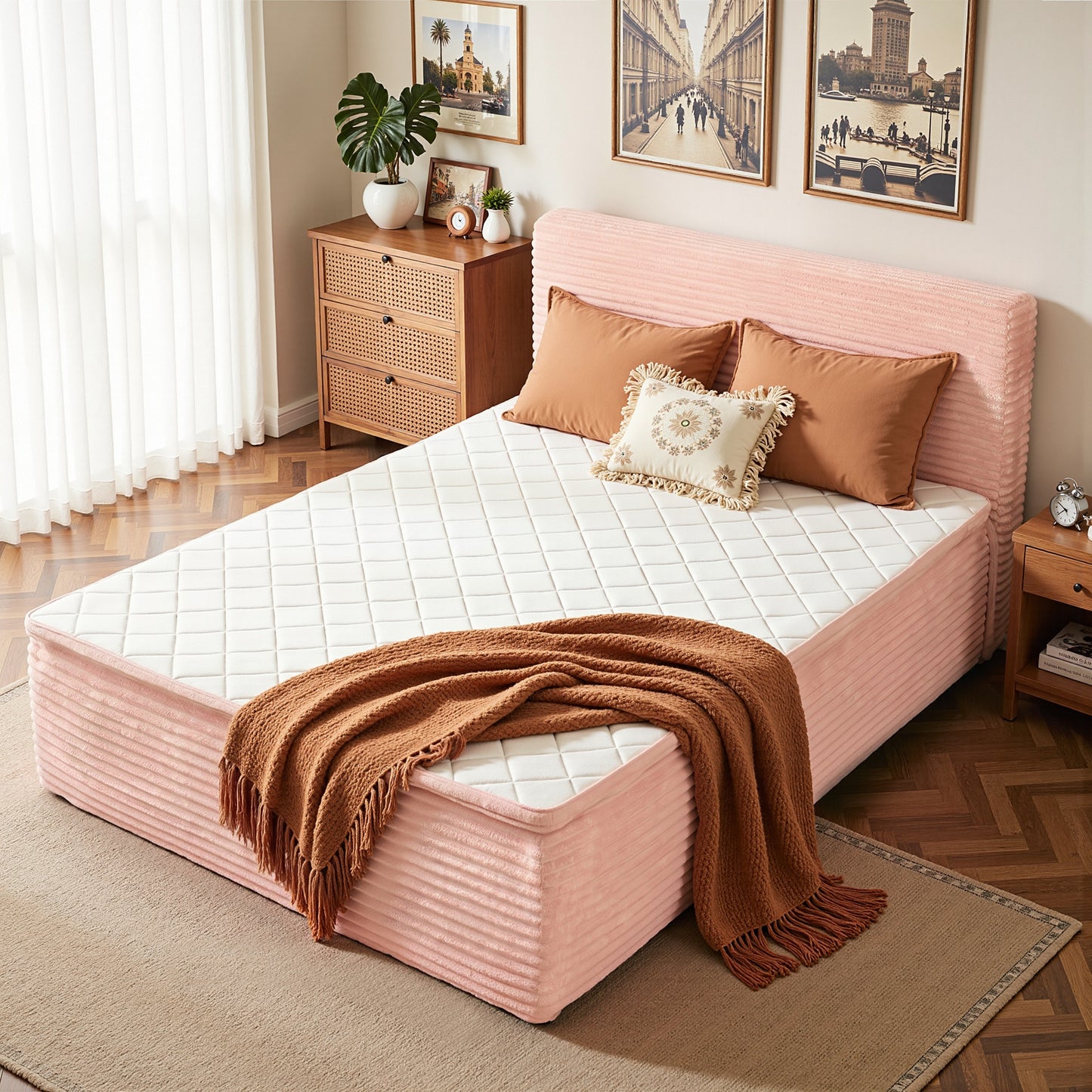 Vcatnet 16.7" Twin Size Bed Frame with Mattress, 2-in-1 Corduroy Platform Cloud Bed, No Assembly Bed and Mattress