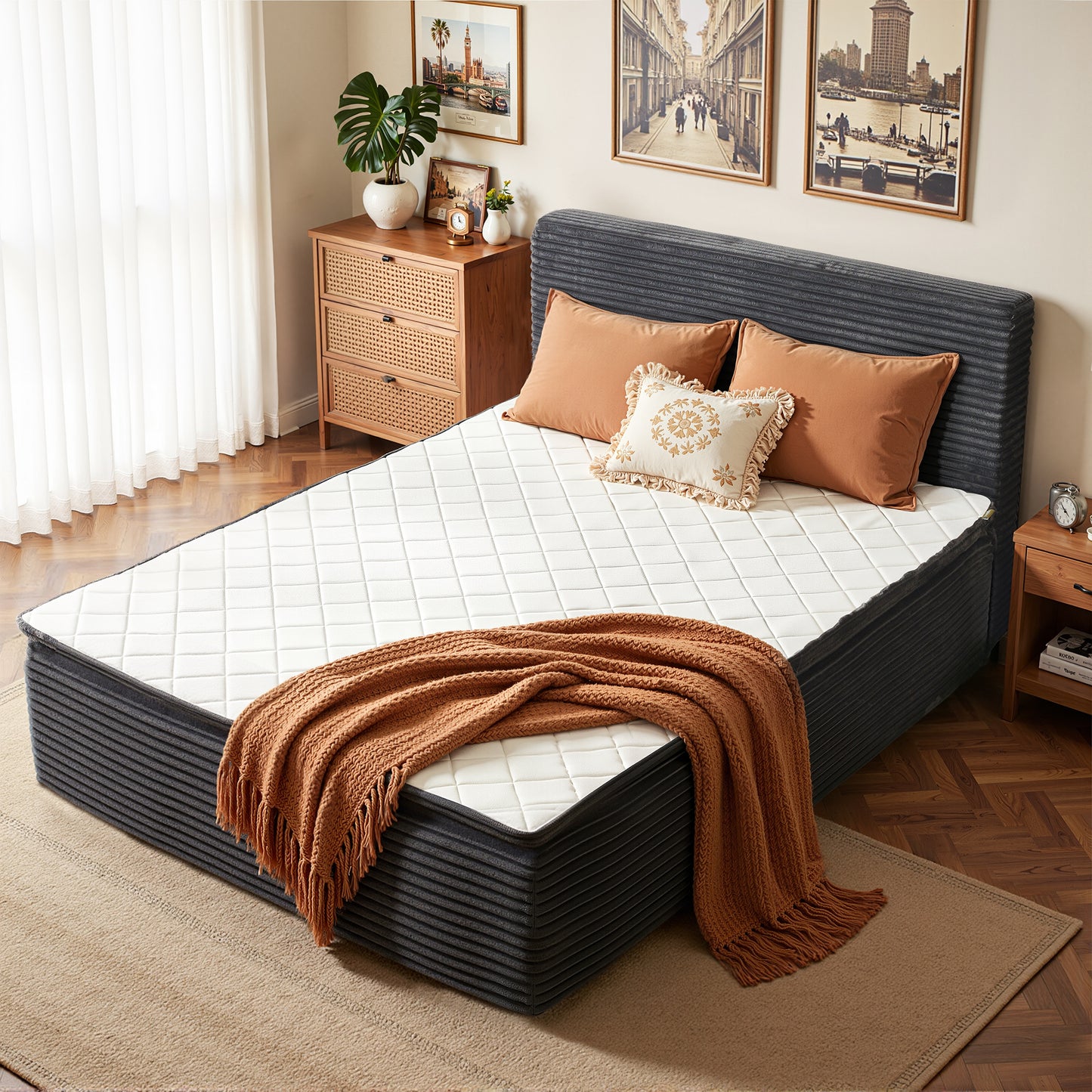 Vcatnet 16.7" Twin Size Bed Frame with Mattress, 2-in-1 Corduroy Platform Cloud Bed, No Assembly Bed and Mattress