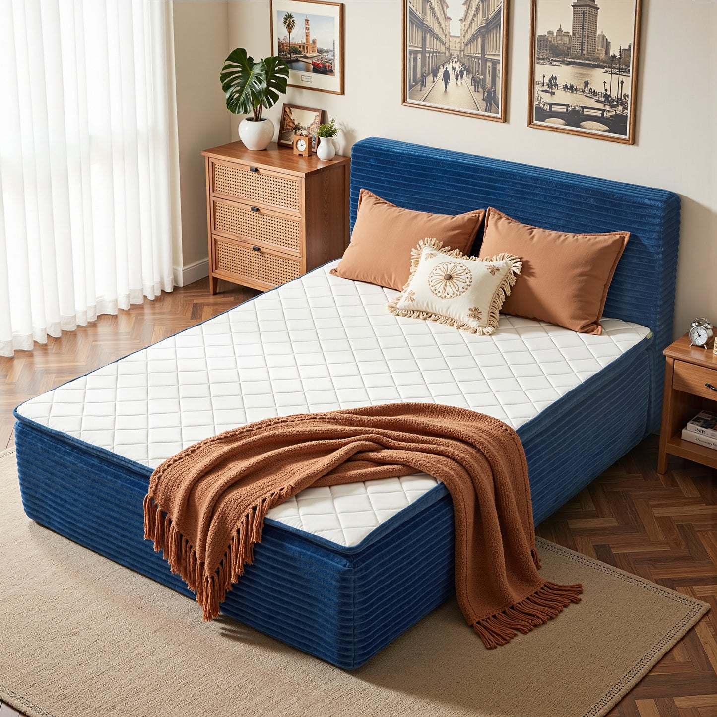 Vcatnet 16.7" Twin Size Bed Frame with Mattress, 2-in-1 Corduroy Platform Cloud Bed, No Assembly Bed and Mattress