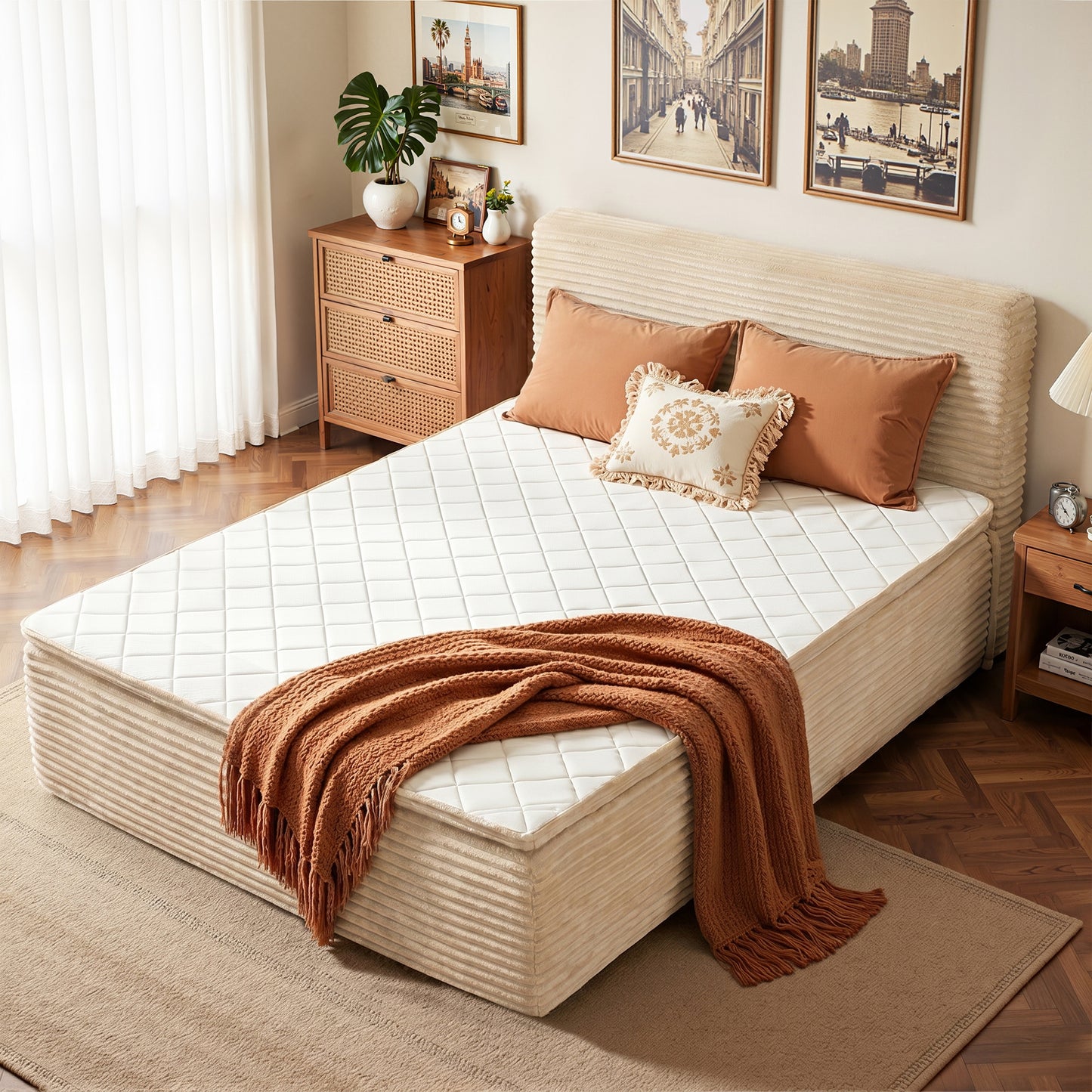 Vcatnet 16.7" Twin Size Bed Frame with Mattress, 2-in-1 Corduroy Platform Cloud Bed, No Assembly Bed and Mattress