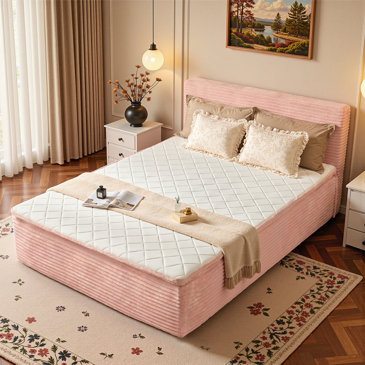 Vcatnet 16.7" Twin Size Bed Frame with Mattress, 2-in-1 Corduroy Platform Cloud Bed, No Assembly Bed and Mattress