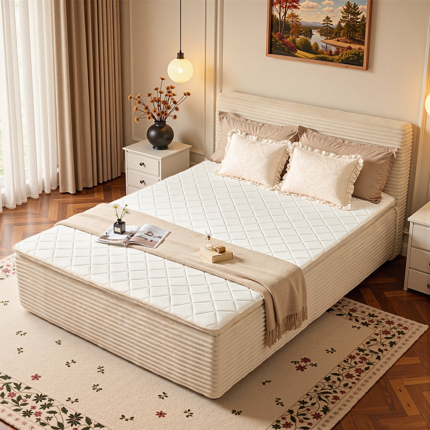Vcatnet 16.7" Twin Size Bed Frame with Mattress, 2-in-1 Corduroy Platform Cloud Bed, No Assembly Bed and Mattress