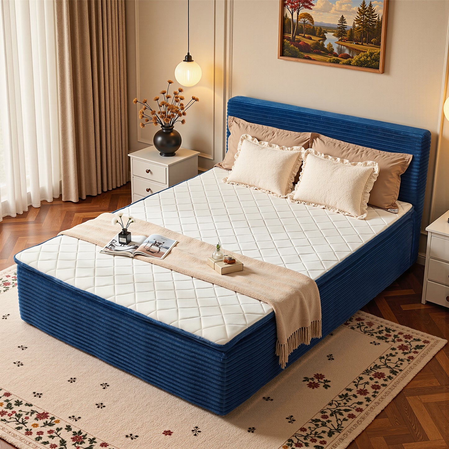 Vcatnet 16.7" Twin Size Bed Frame with Mattress, 2-in-1 Corduroy Platform Cloud Bed, No Assembly Bed and Mattress