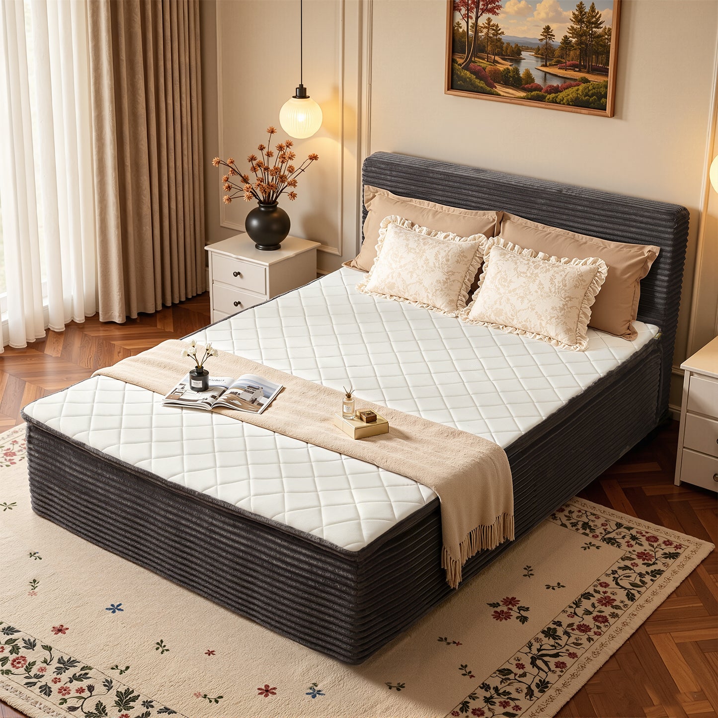 Vcatnet 16.7" Twin Size Bed Frame with Mattress, 2-in-1 Corduroy Platform Cloud Bed, No Assembly Bed and Mattress