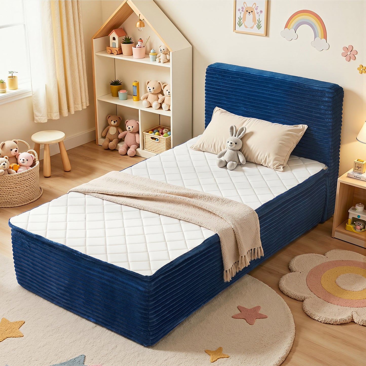 Vcatnet 16.7" Twin Size Bed Frame with Mattress, 2-in-1 Corduroy Platform Cloud Bed, No Assembly Bed and Mattress