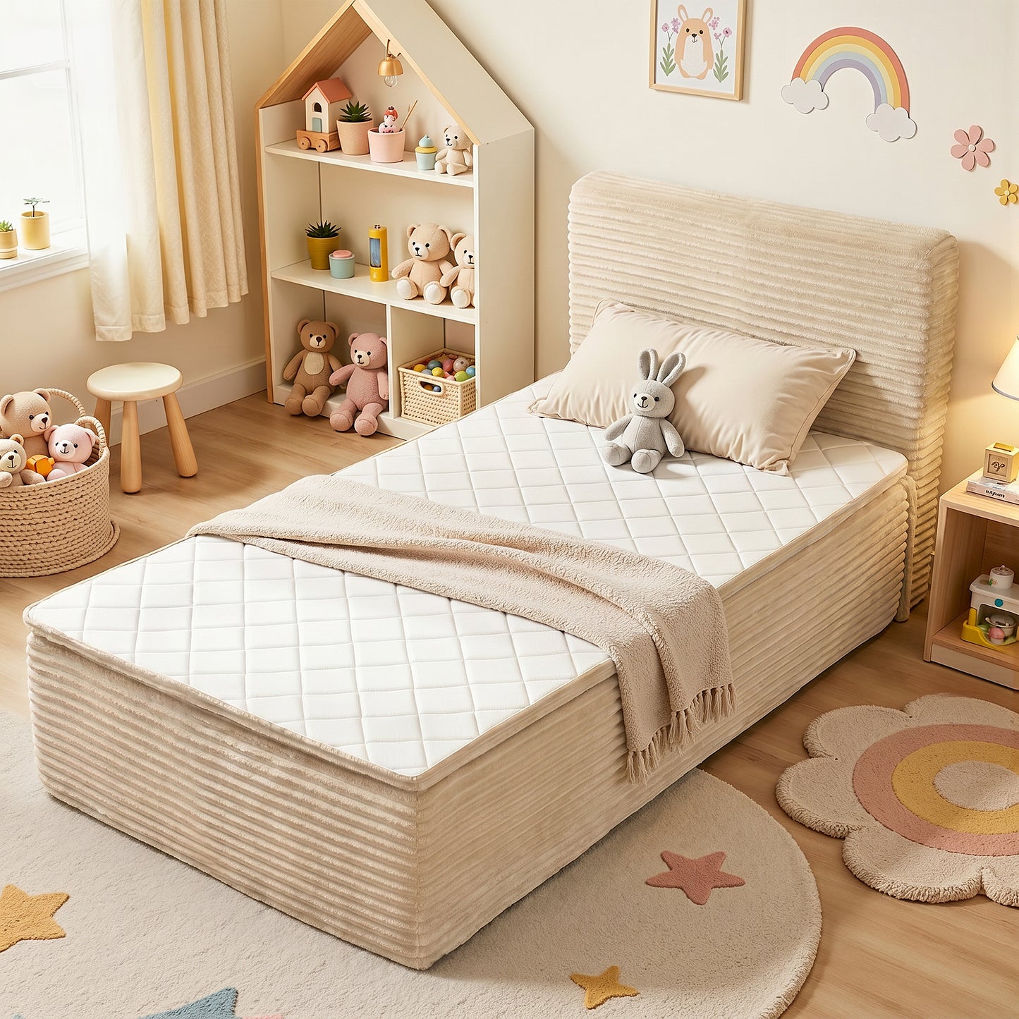 Vcatnet 16.7" Twin Size Bed Frame with Mattress, 2-in-1 Corduroy Platform Cloud Bed, No Assembly Bed and Mattress