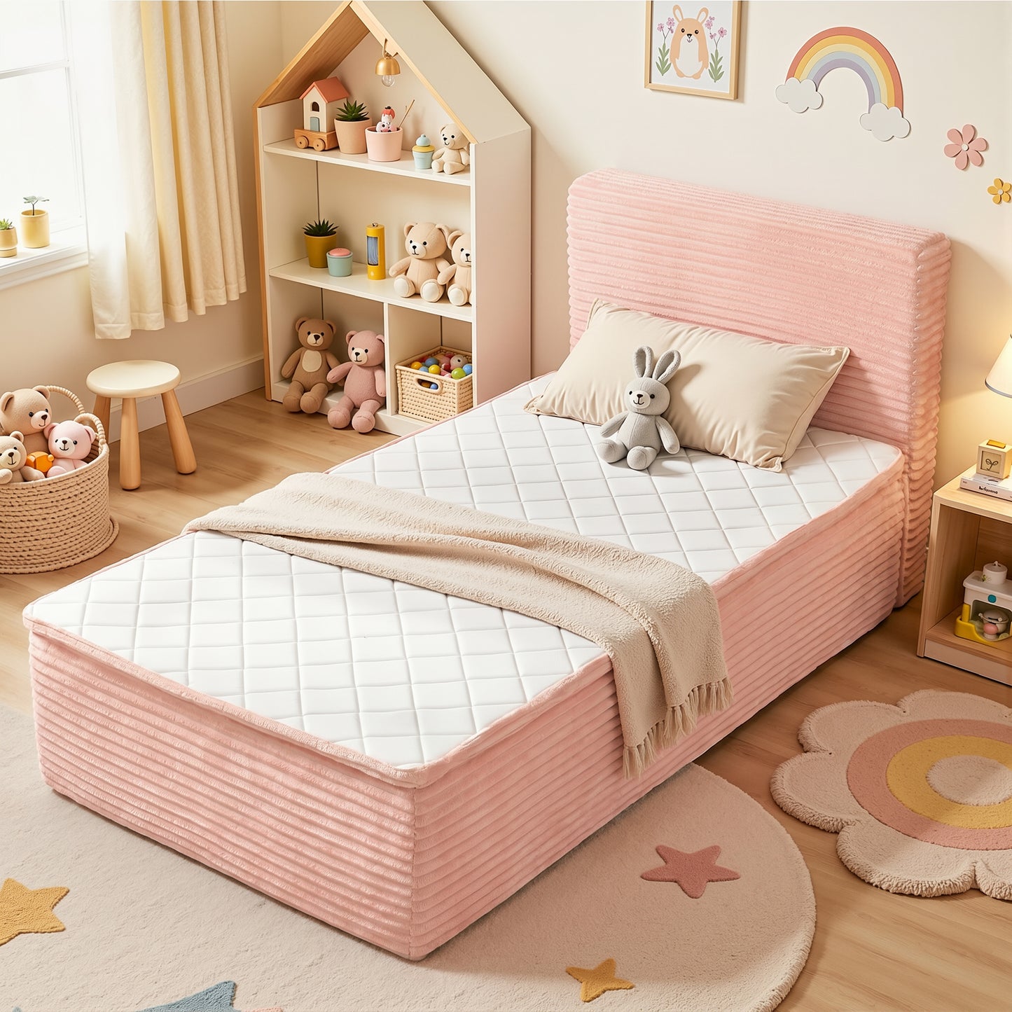 Vcatnet 16.7" Twin Size Bed Frame with Mattress, 2-in-1 Corduroy Platform Cloud Bed, No Assembly Bed and Mattress