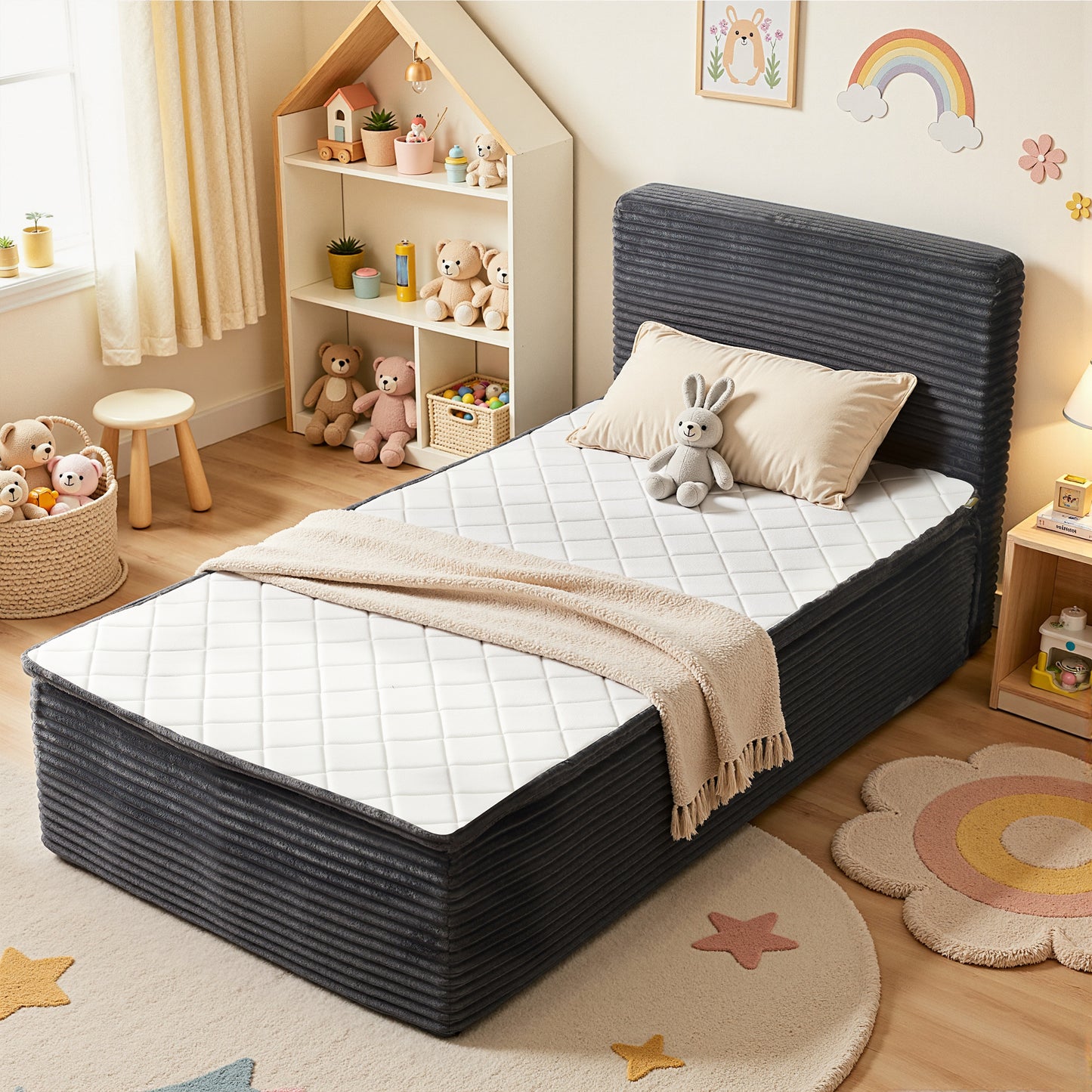 Vcatnet 16.7" Twin Size Bed Frame with Mattress, 2-in-1 Corduroy Platform Cloud Bed, No Assembly Bed and Mattress