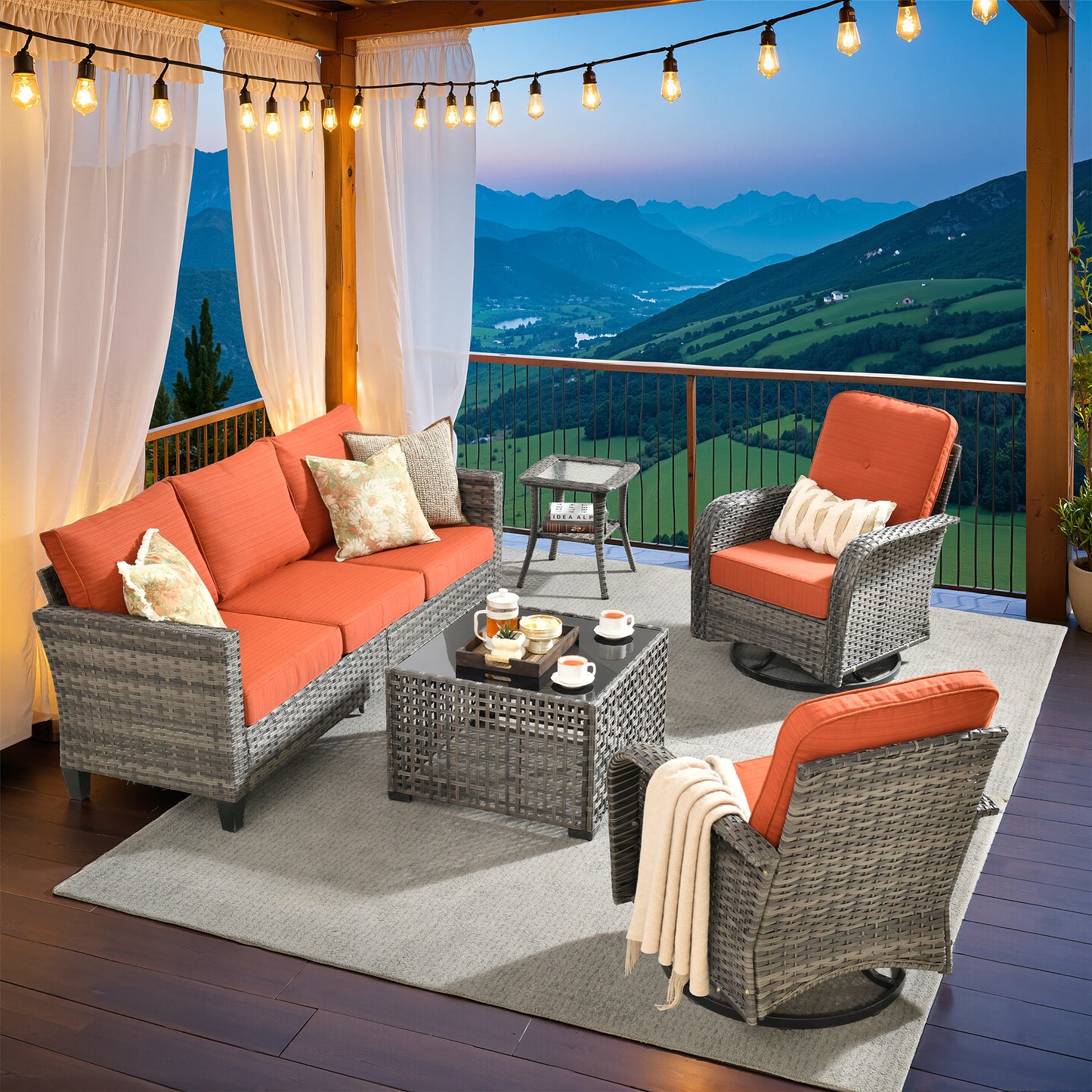 Vcatnet Patio Conversation Set, 5 Pieces Outdoor Sectional Sofa, All Weather Wicker Patio Furniture with Swivel Rocking Chairs and Coffee Table