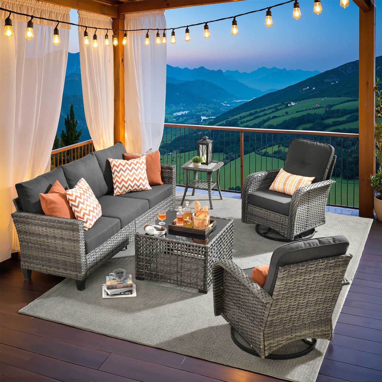 Vcatnet Patio Conversation Set, 5 Pieces Outdoor Sectional Sofa, All Weather Wicker Patio Furniture with Swivel Rocking Chairs and Coffee Table