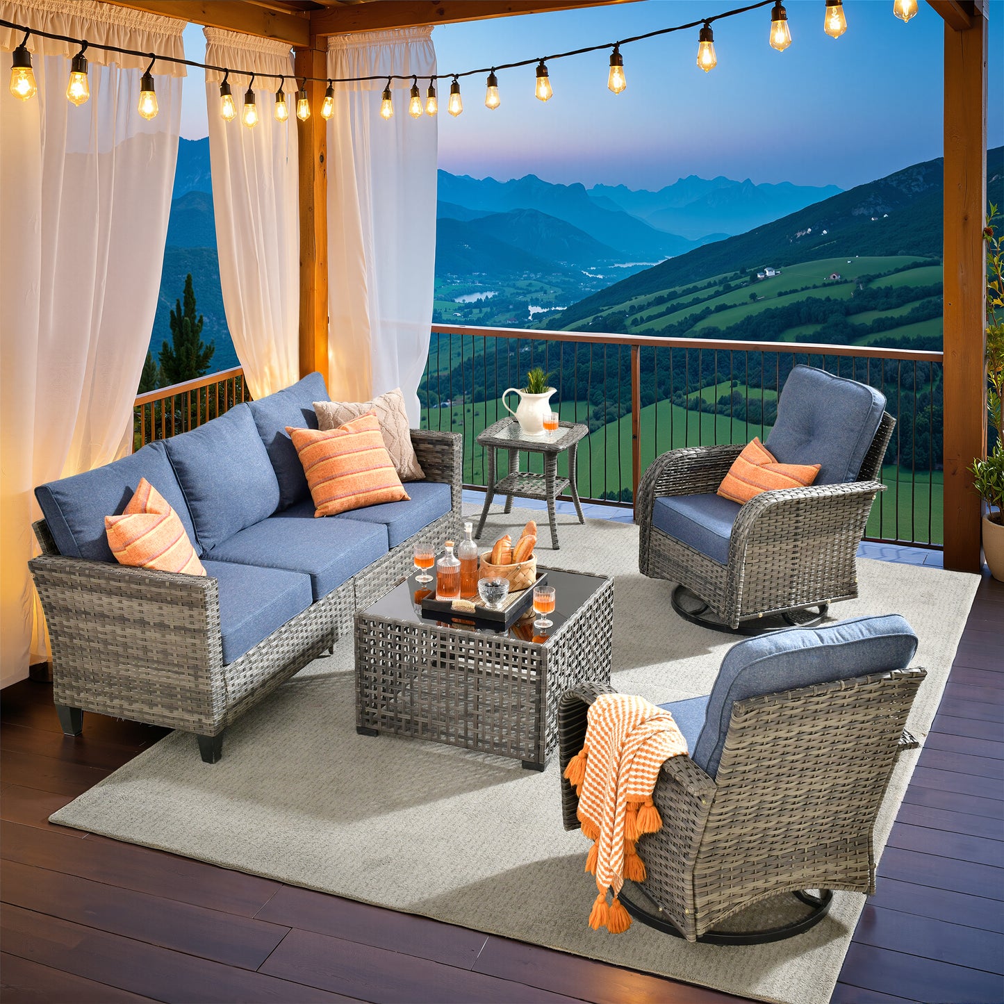 Vcatnet Patio Conversation Set, 5 Pieces Outdoor Sectional Sofa, All Weather Wicker Patio Furniture with Swivel Rocking Chairs and Coffee Table