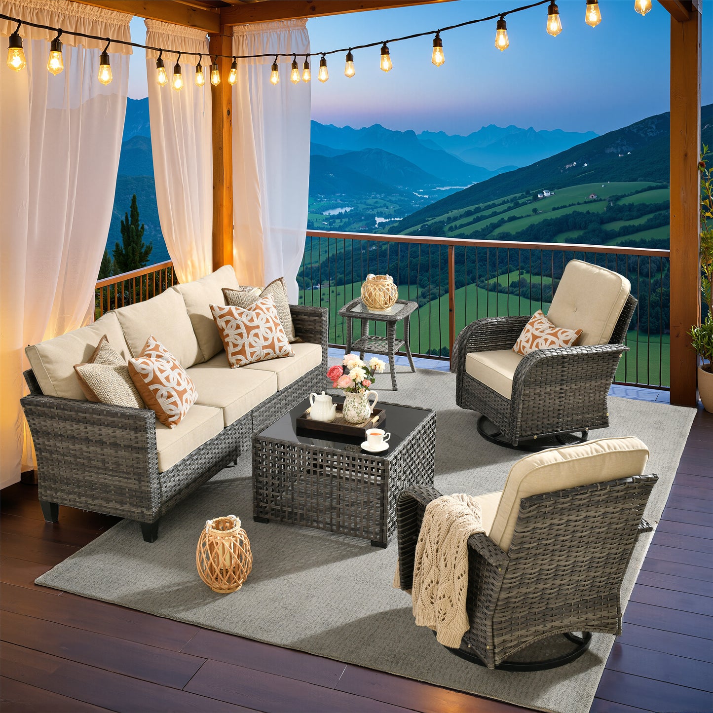 Vcatnet Patio Conversation Set, 5 Pieces Outdoor Sectional Sofa, All Weather Wicker Patio Furniture with Swivel Rocking Chairs and Coffee Table