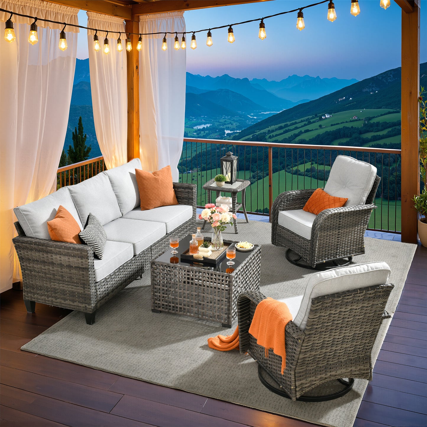 Vcatnet Patio Conversation Set, 5 Pieces Outdoor Sectional Sofa, All Weather Wicker Patio Furniture with Swivel Rocking Chairs and Coffee Table