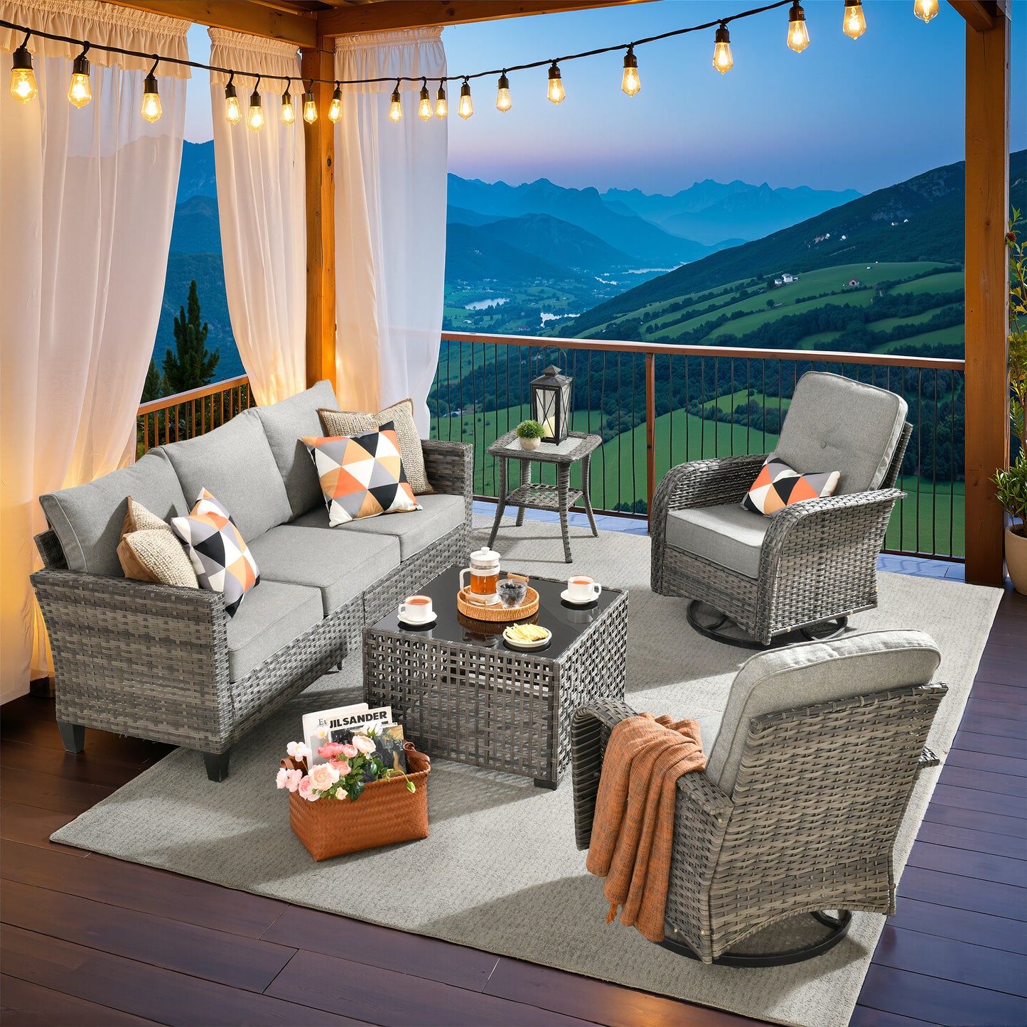 Vcatnet Patio Conversation Set, 5 Pieces Outdoor Sectional Sofa, All Weather Wicker Patio Furniture with Swivel Rocking Chairs and Coffee Table