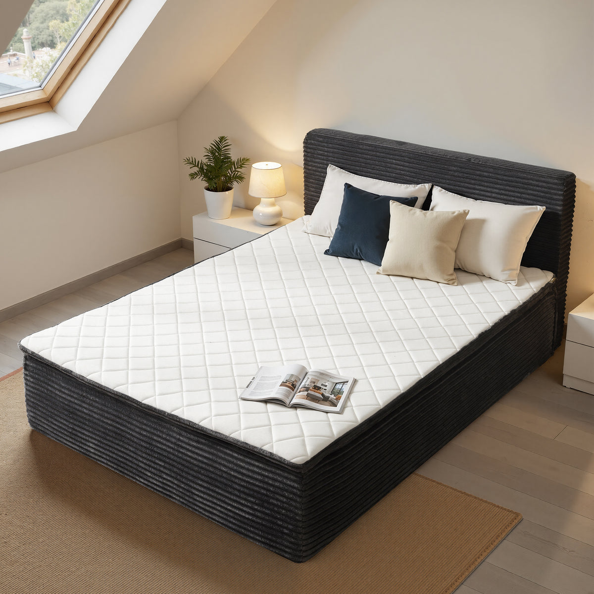 Vcatnet 16.7" Boneless Twin Size Bed Frame with Mattress, 2-in-1 Corduroy Platform Cloud Bed, No Assembly Bed and Mattress