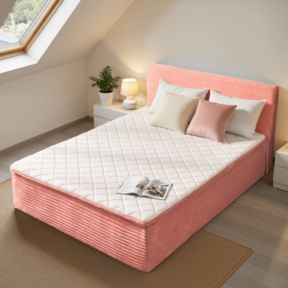 Vcatnet 16.7" Boneless Twin Size Bed Frame with Mattress, 2-in-1 Corduroy Platform Cloud Bed, No Assembly Bed and Mattress