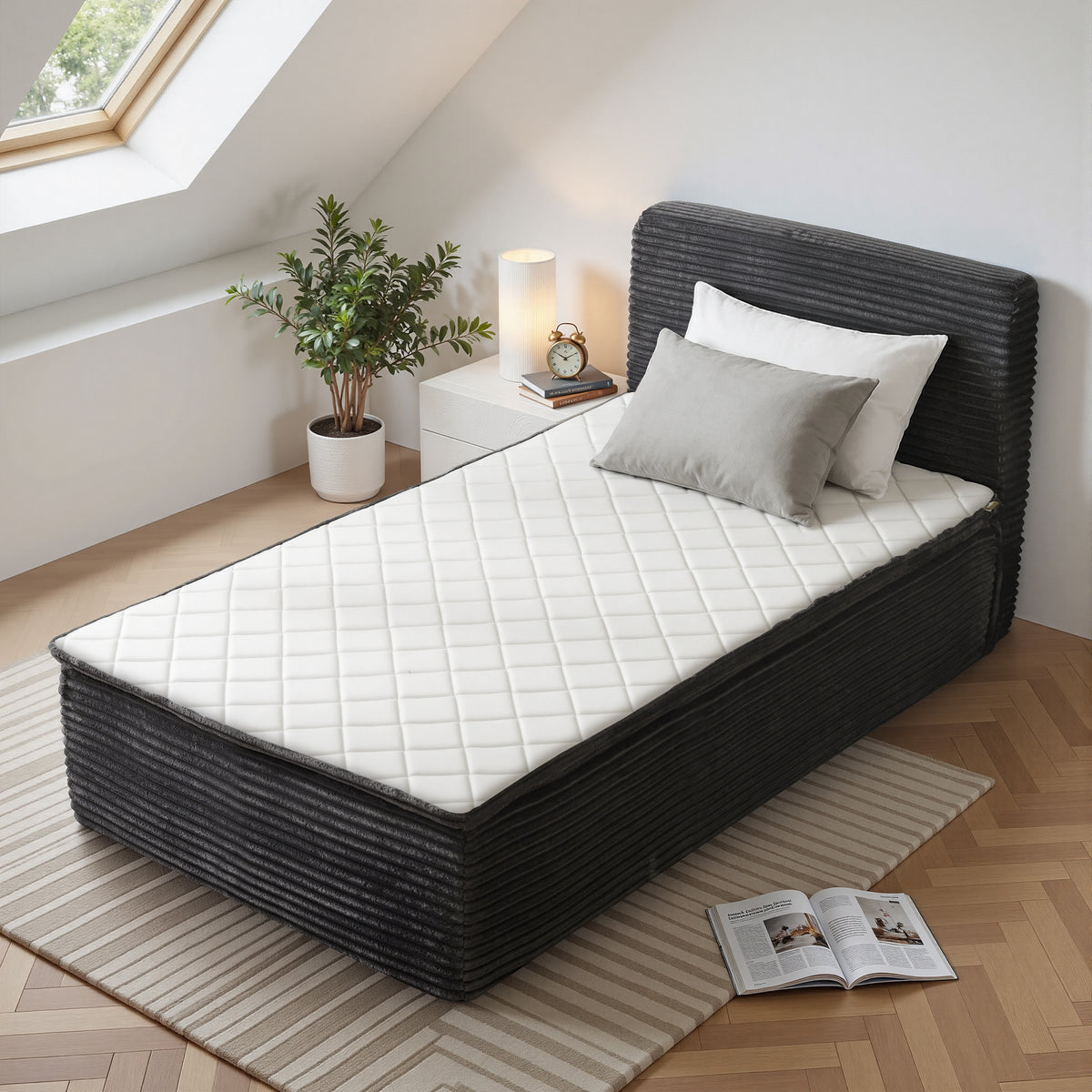 Vcatnet 16.7" Boneless Twin Size Bed Frame with Mattress, 2-in-1 Corduroy Platform Cloud Bed, No Assembly Bed and Mattress