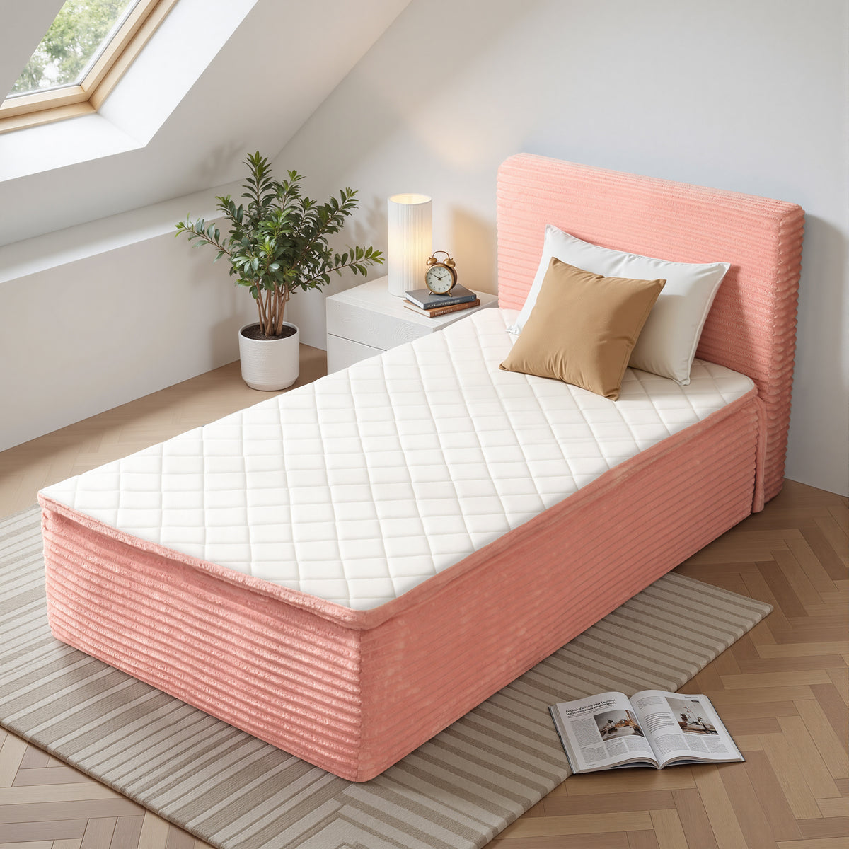Vcatnet 16.7" Boneless Twin Size Bed Frame with Mattress, 2-in-1 Corduroy Platform Cloud Bed, No Assembly Bed and Mattress
