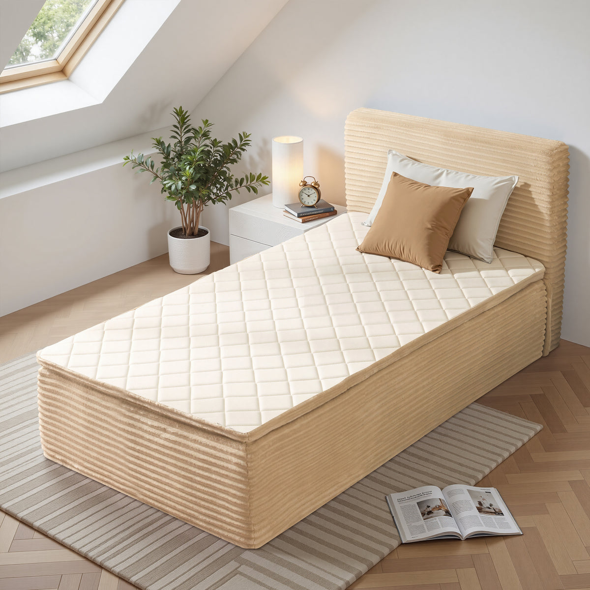 Vcatnet 16.7" Boneless Twin Size Bed Frame with Mattress, 2-in-1 Corduroy Platform Cloud Bed, No Assembly Bed and Mattress