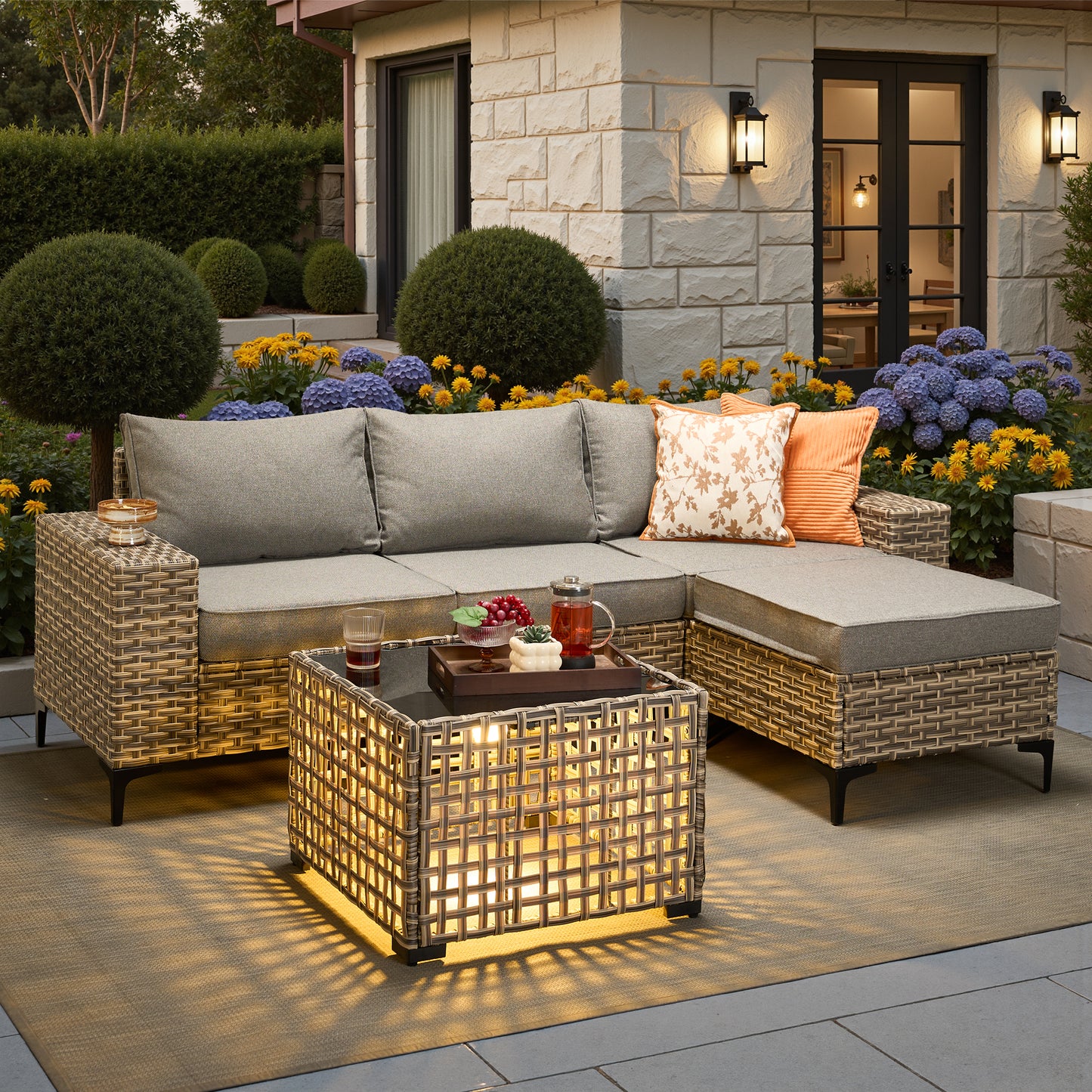 Vcatnet Outdoor Patio Furniture 5 Pieces Wicker Conversation Set Sectional Sofa with Coffee Table and Ottoman