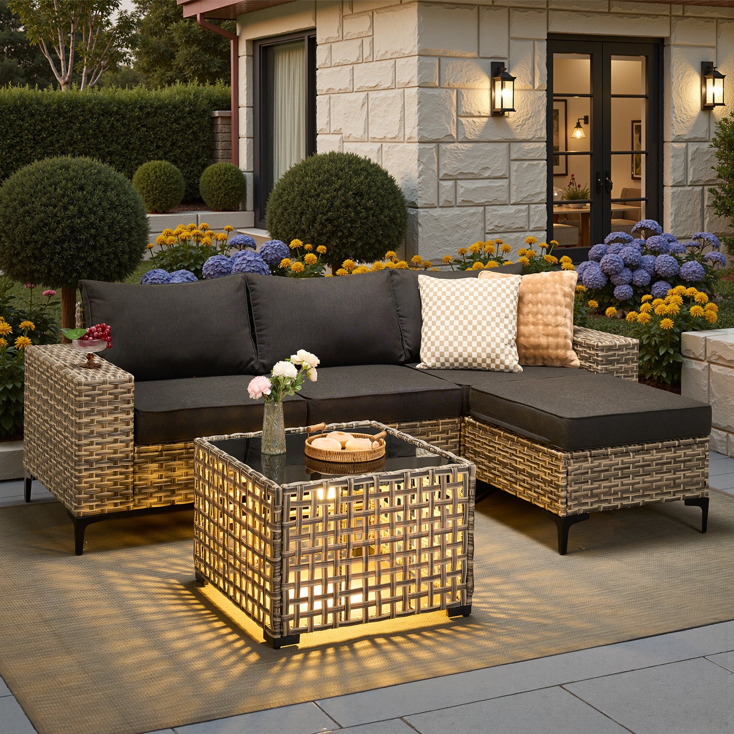 Vcatnet Outdoor Patio Furniture 5 Pieces Wicker Conversation Set Sectional Sofa with Coffee Table and Ottoman