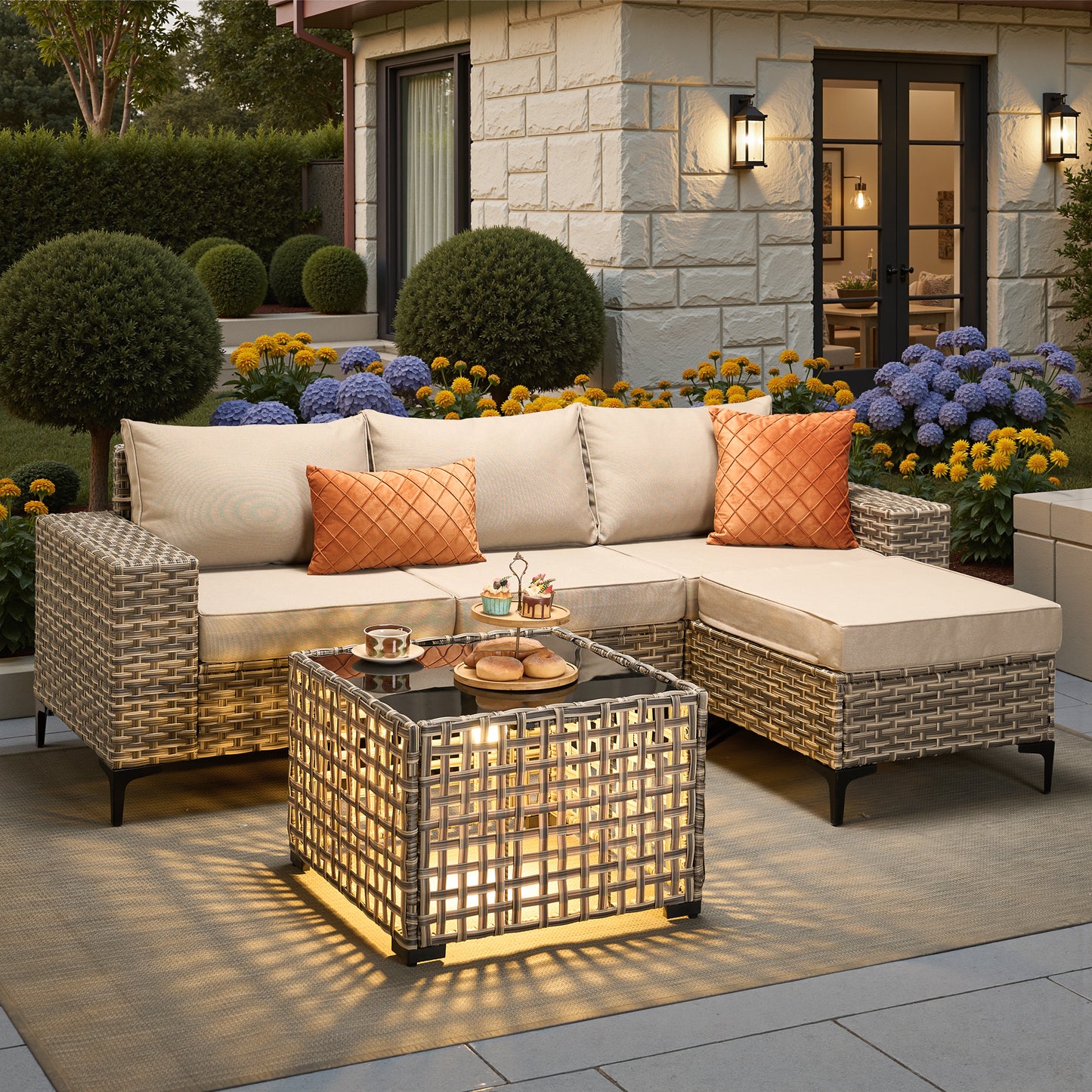 Vcatnet Outdoor Patio Furniture 5 Pieces Wicker Conversation Set Sectional Sofa with Coffee Table and Ottoman