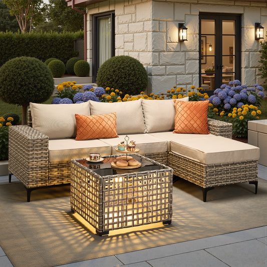 Vcatnet Outdoor Patio Furniture 5 Pieces Wicker Conversation Set Sectional Sofa with Coffee Table and Ottoman