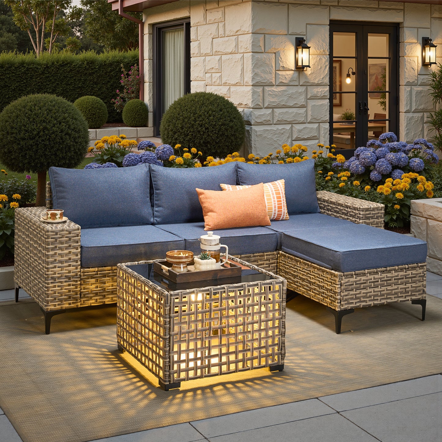 Vcatnet Outdoor Patio Furniture 5 Pieces Wicker Conversation Set Sectional Sofa with Coffee Table and Ottoman