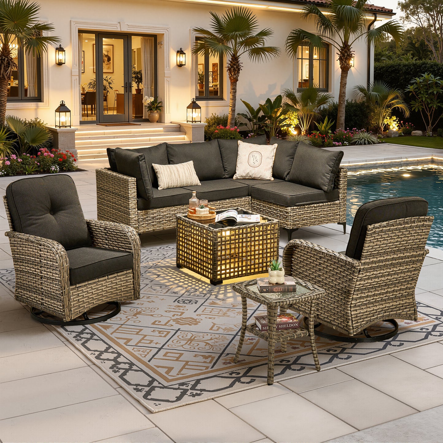 Vcatnet Outdoor Patio Furniture Sets 8 Pieces Sectional Sofa Wicker Conversation Set with Swivel Glider Chairs and Solar Powered Coffee Table for Porch,Backyard