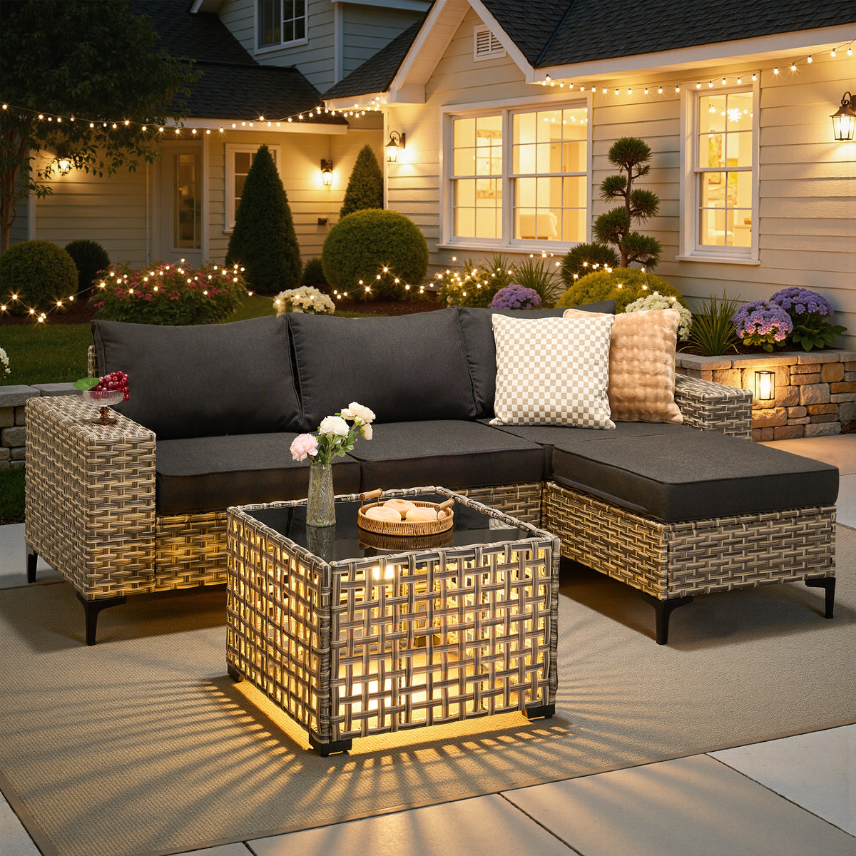Vcatnet Outdoor Patio Furniture 5 Pieces Wicker Conversation Set Sectional Sofa with Coffee Table and Ottoman
